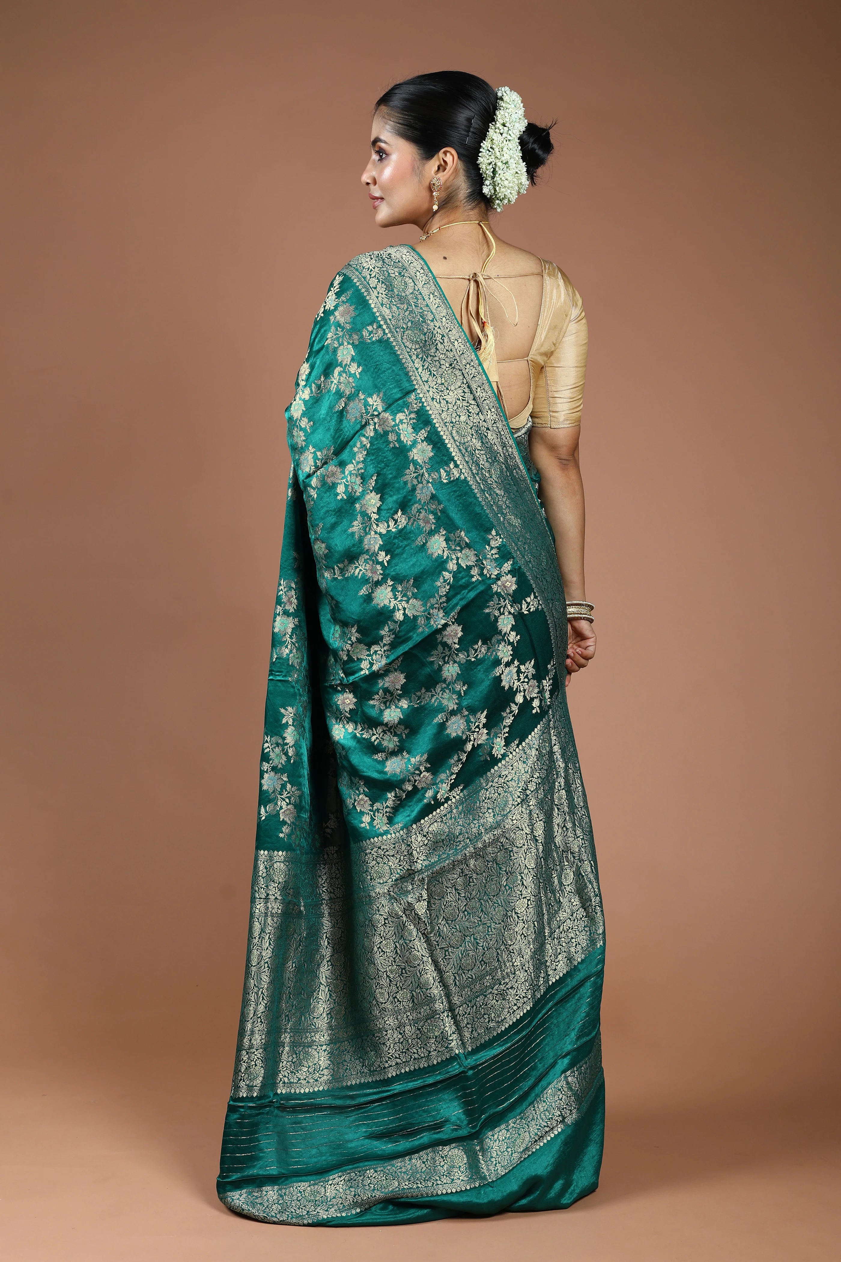 Teal Green Semi Mashru Saree With Blouse Piece