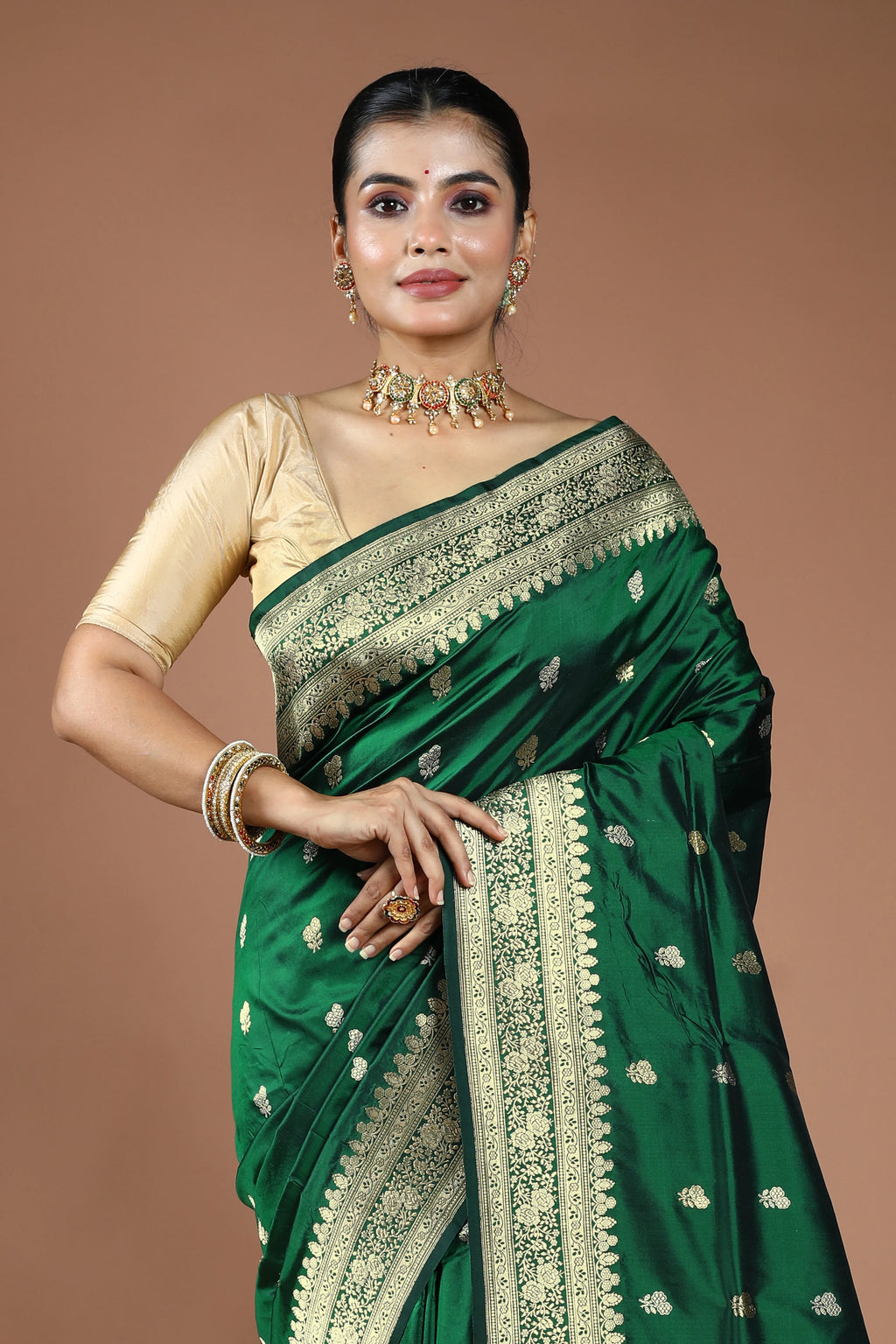 Bottle Green Pure Katan Silk Saree With Blouse Piece