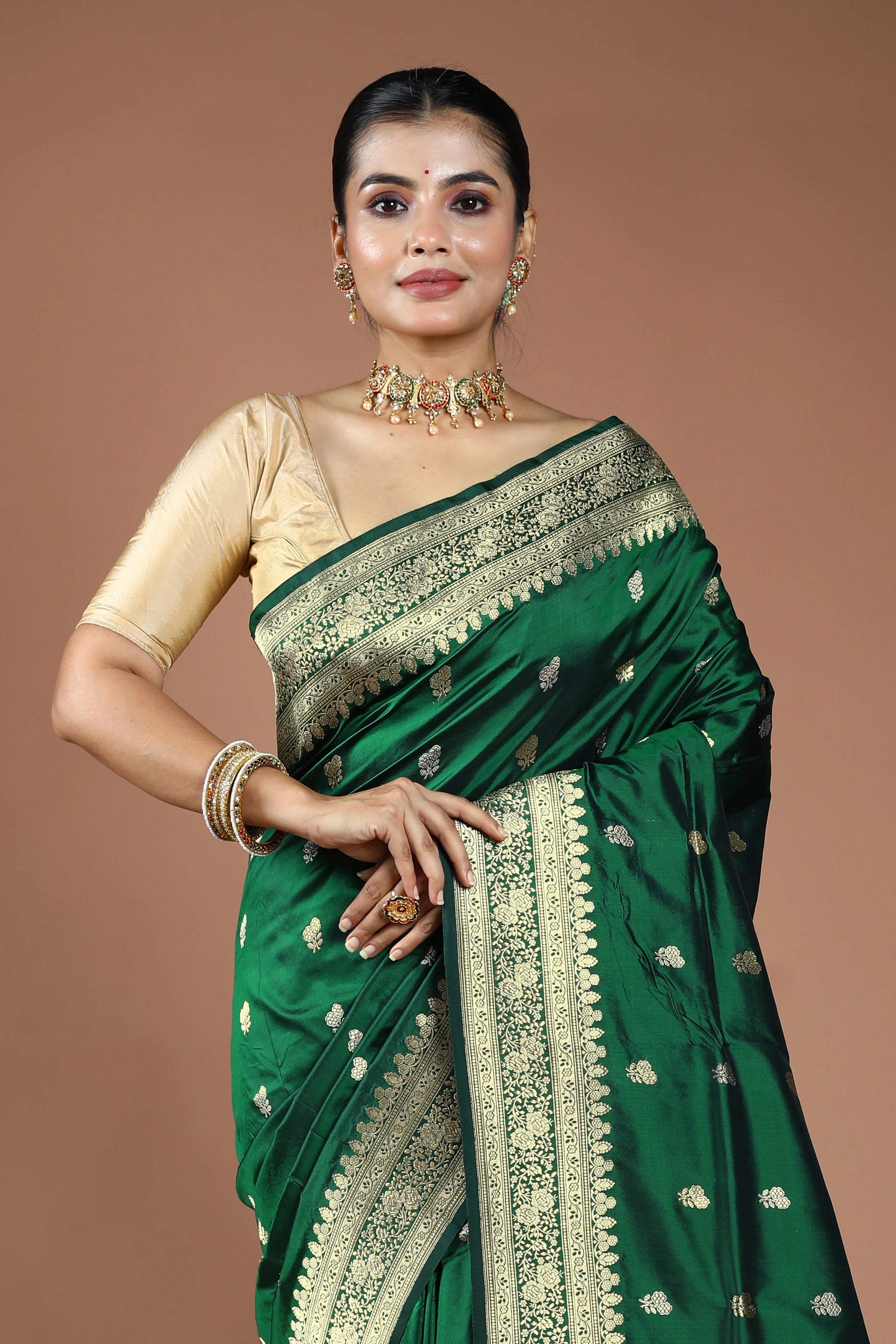 Bottle Green Pure Katan Silk Saree With Blouse Piece