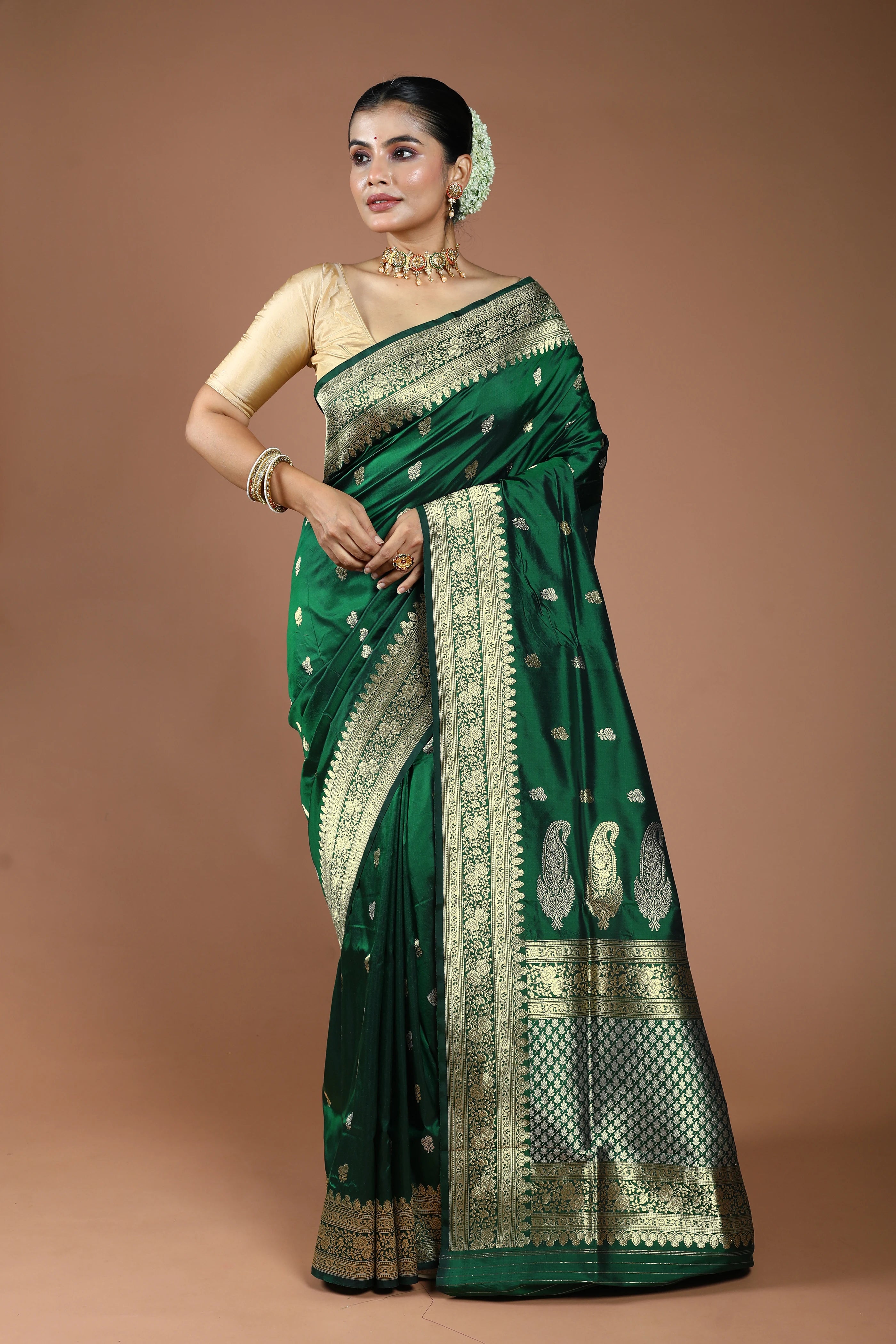 Bottle Green Pure Katan Silk Saree With Blouse Piece
