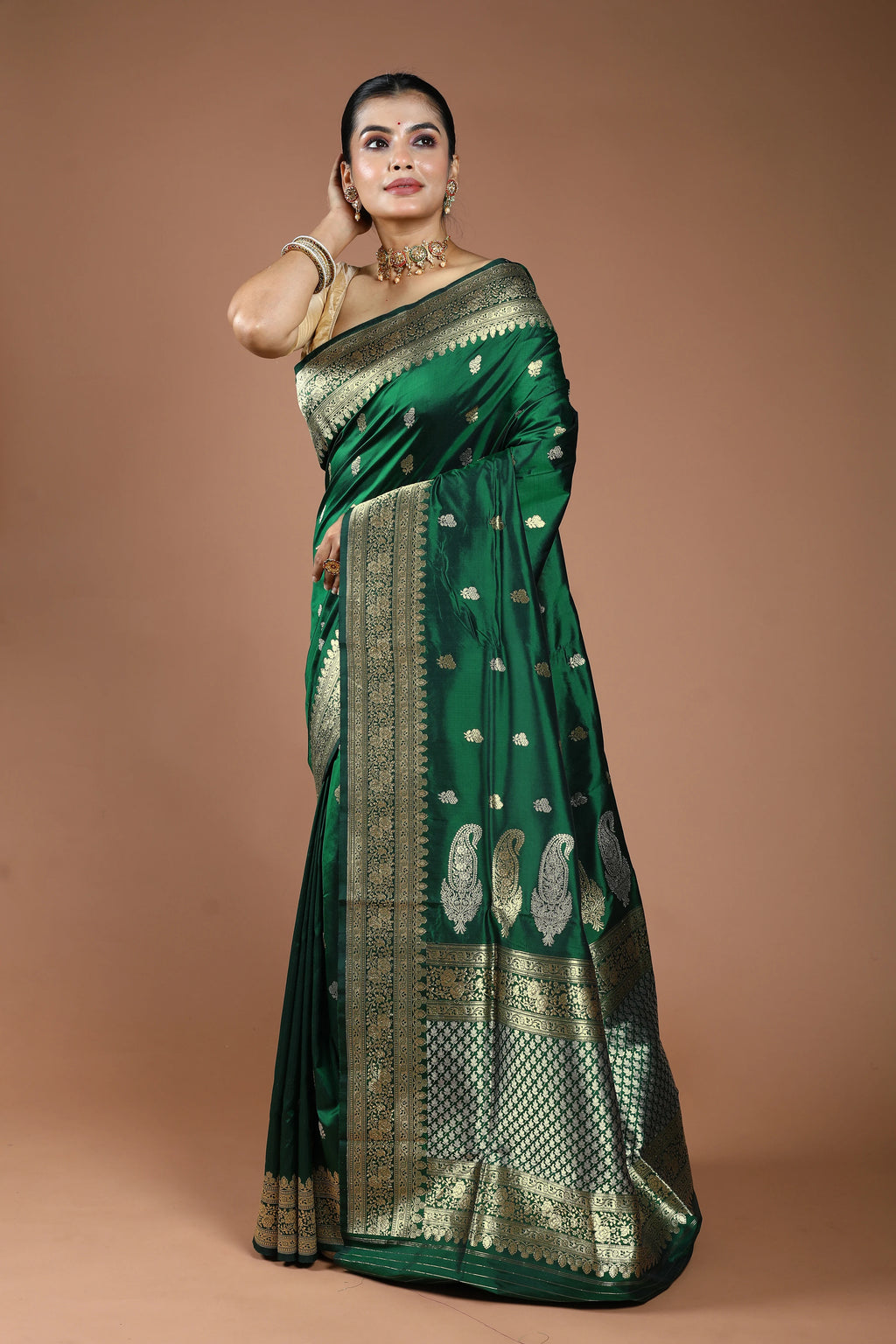 Bottle Green Pure Katan Silk Saree With Blouse Piece