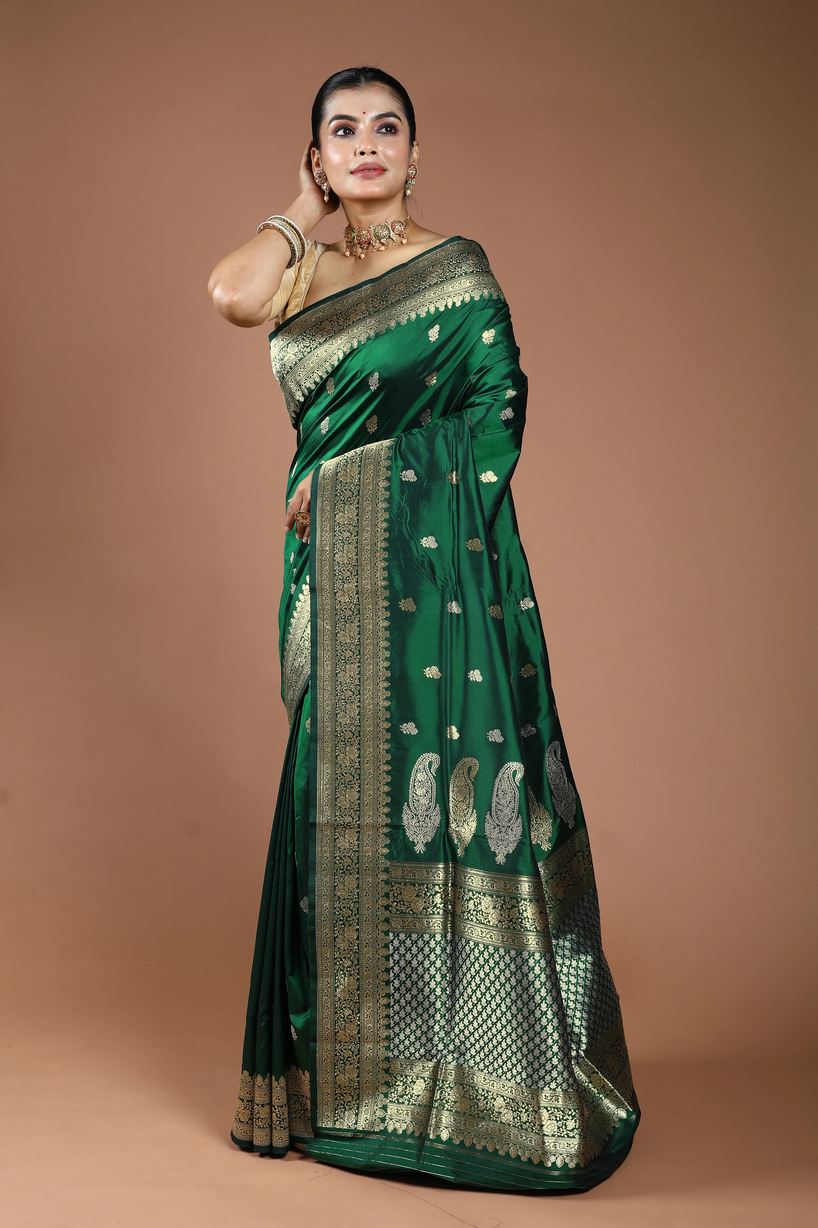 Bottle Green Pure Katan Silk Saree With Blouse Piece