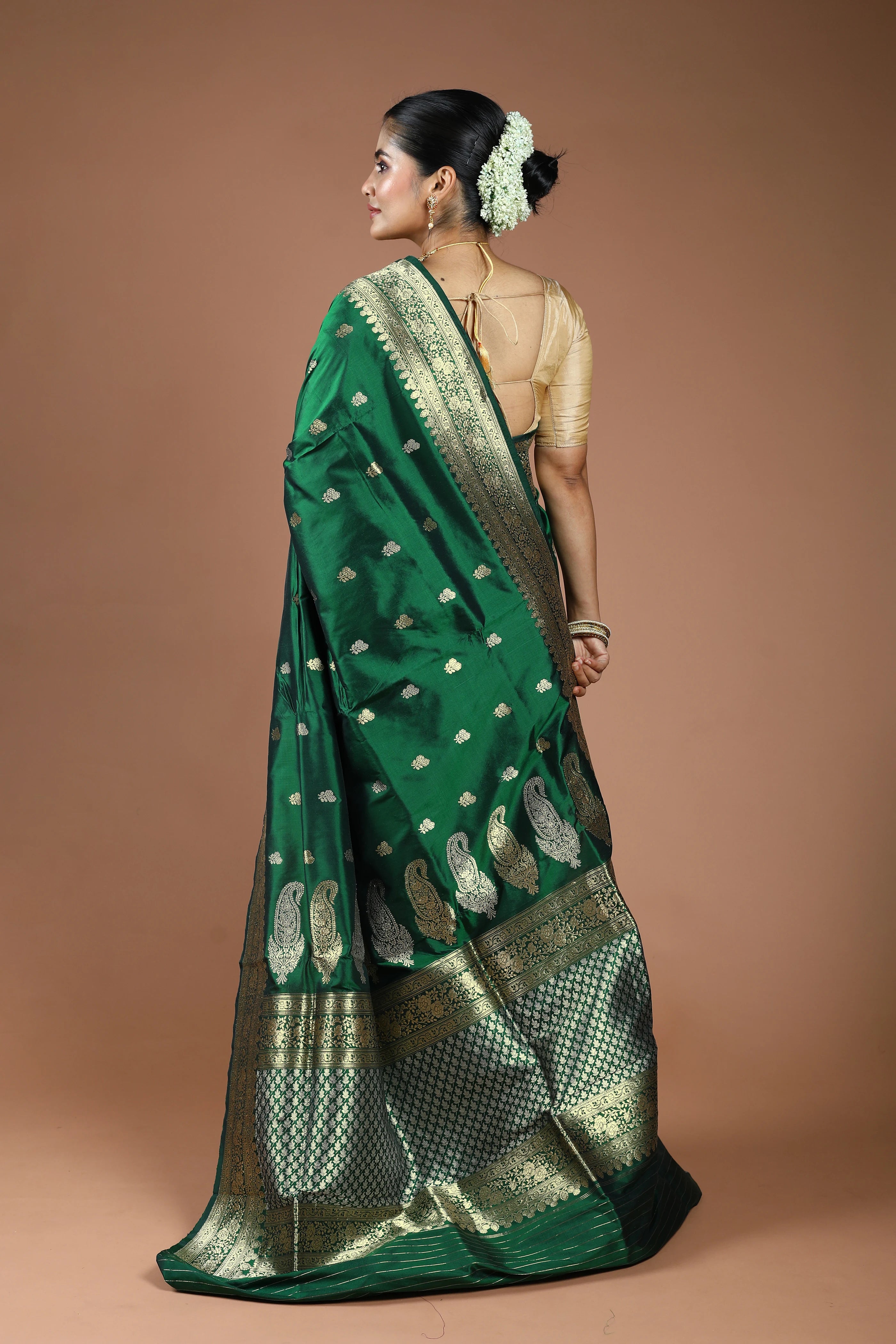 Bottle Green Pure Katan Silk Saree With Blouse Piece