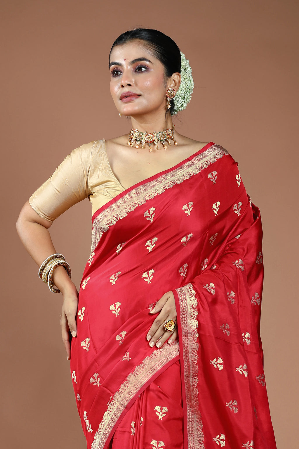 Red Pure Katan With Sleeve Border Saree With Blouse Piece