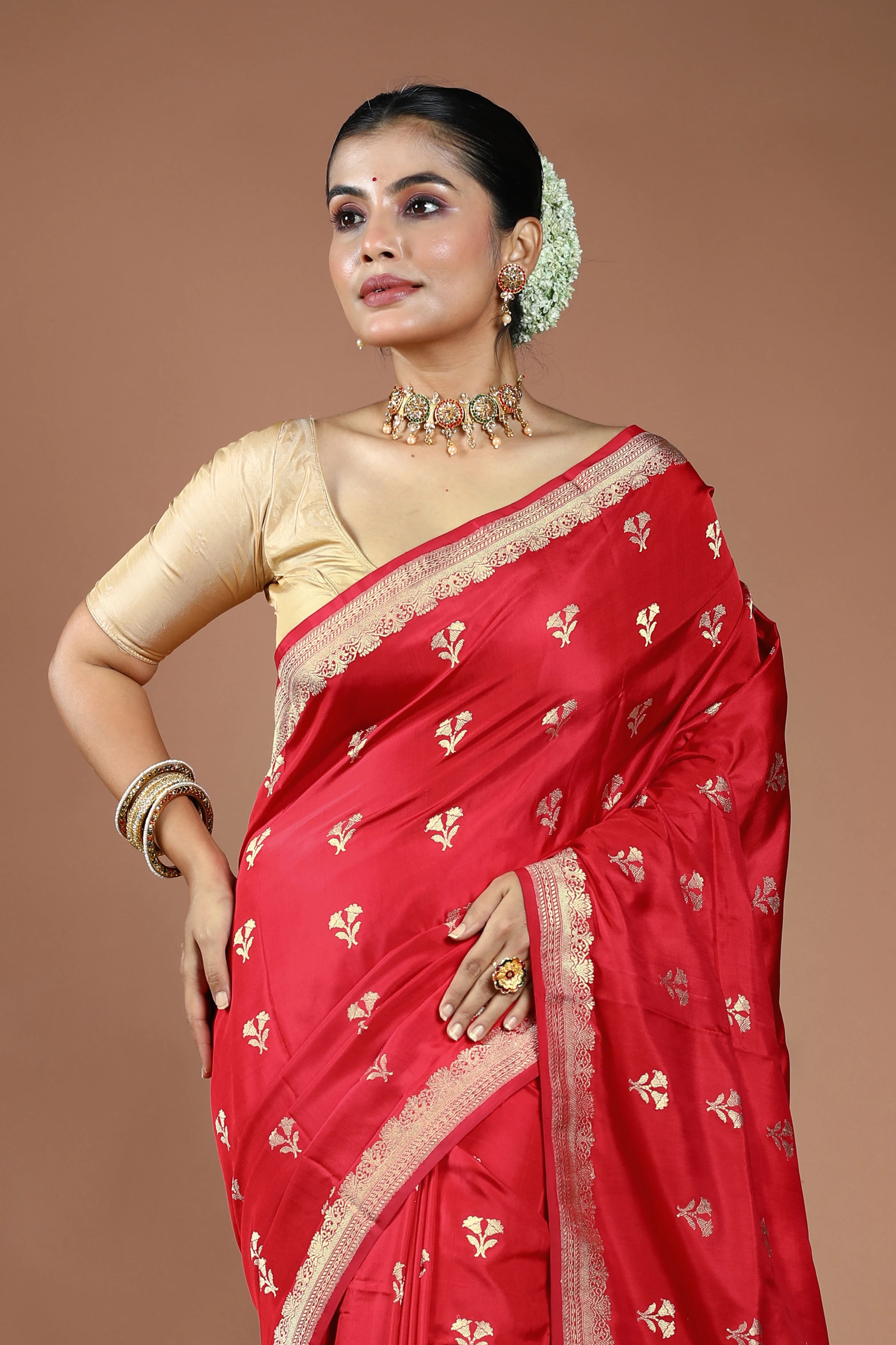 Red Pure Katan With Sleeve Border Saree With Blouse Piece