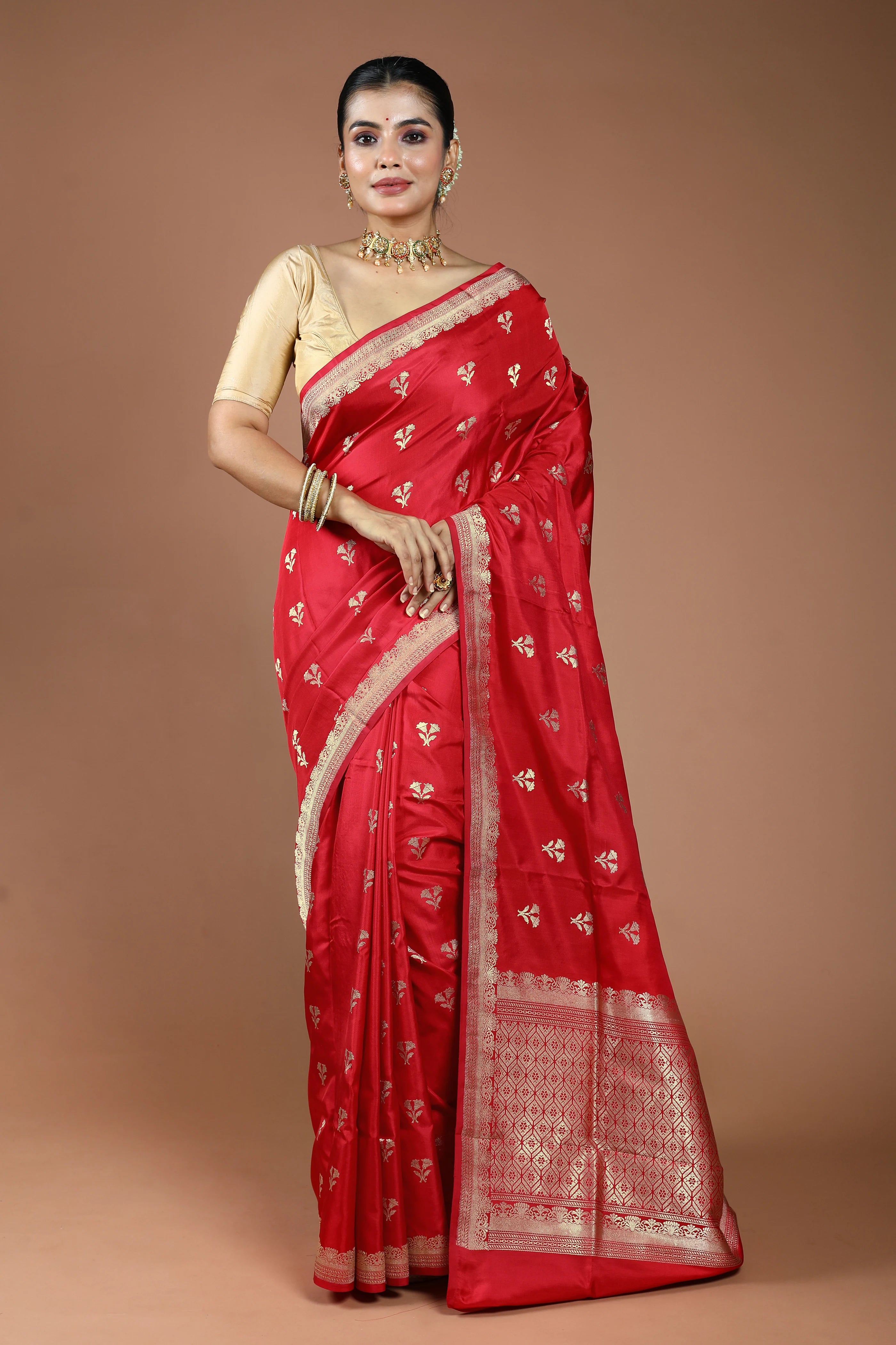 Red Pure Katan With Sleeve Border Saree With Blouse Piece