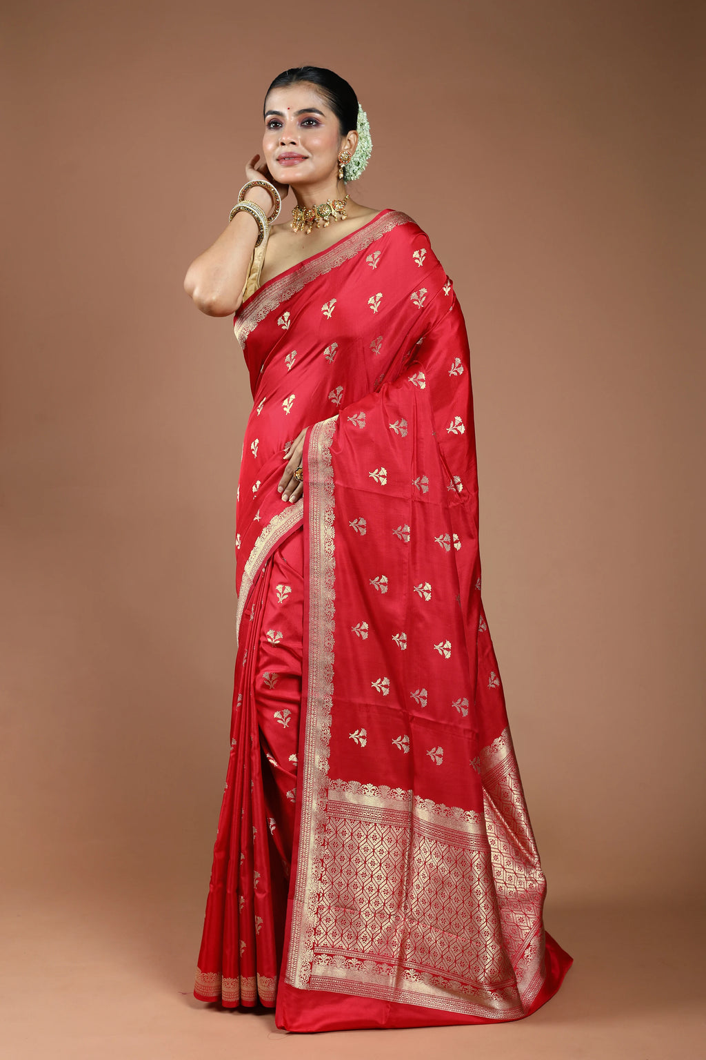 Red Pure Katan With Sleeve Border Saree With Blouse Piece