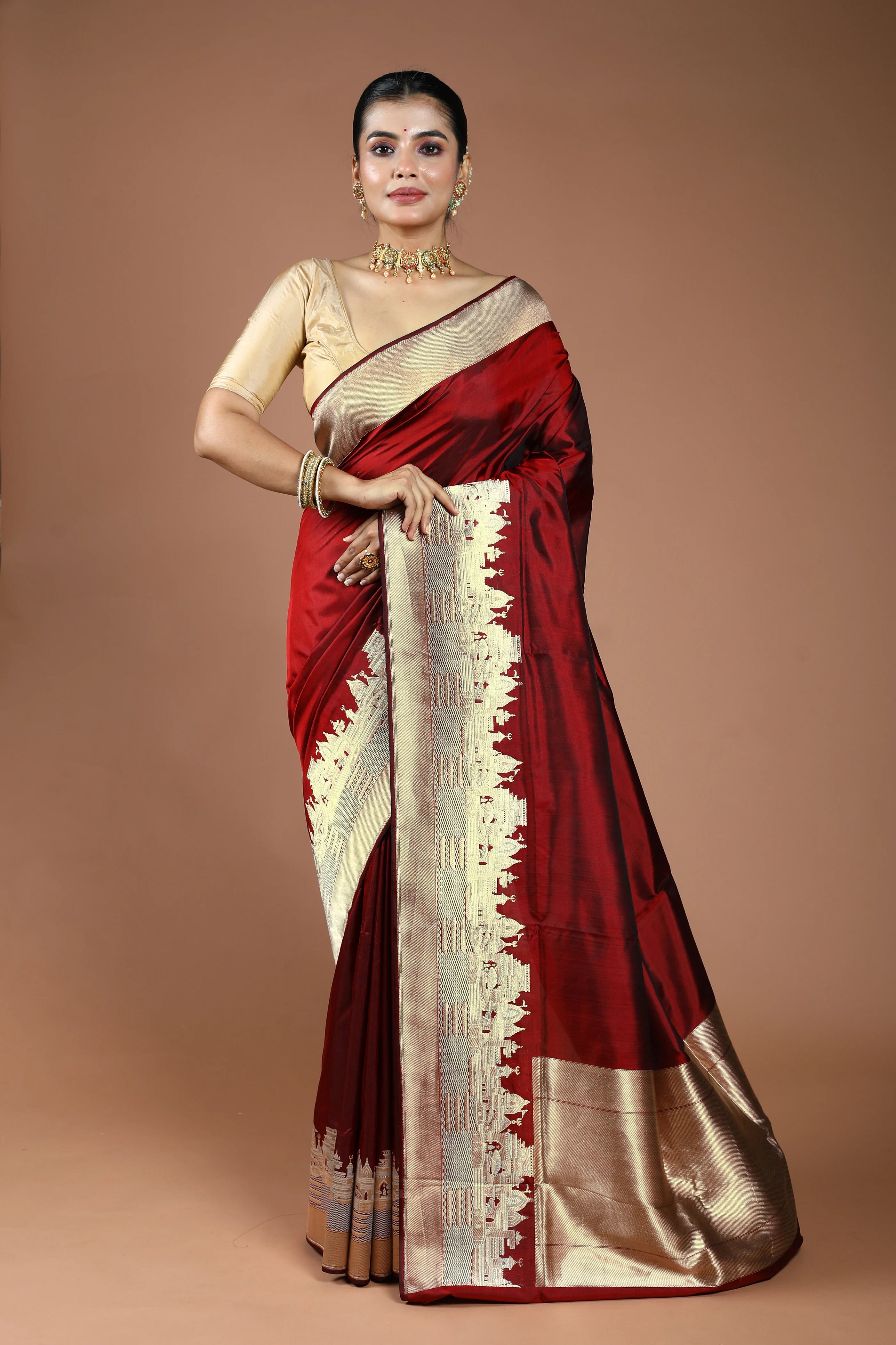 Maroon Pure Ghat Katan Silk Saree With Blouse Piece