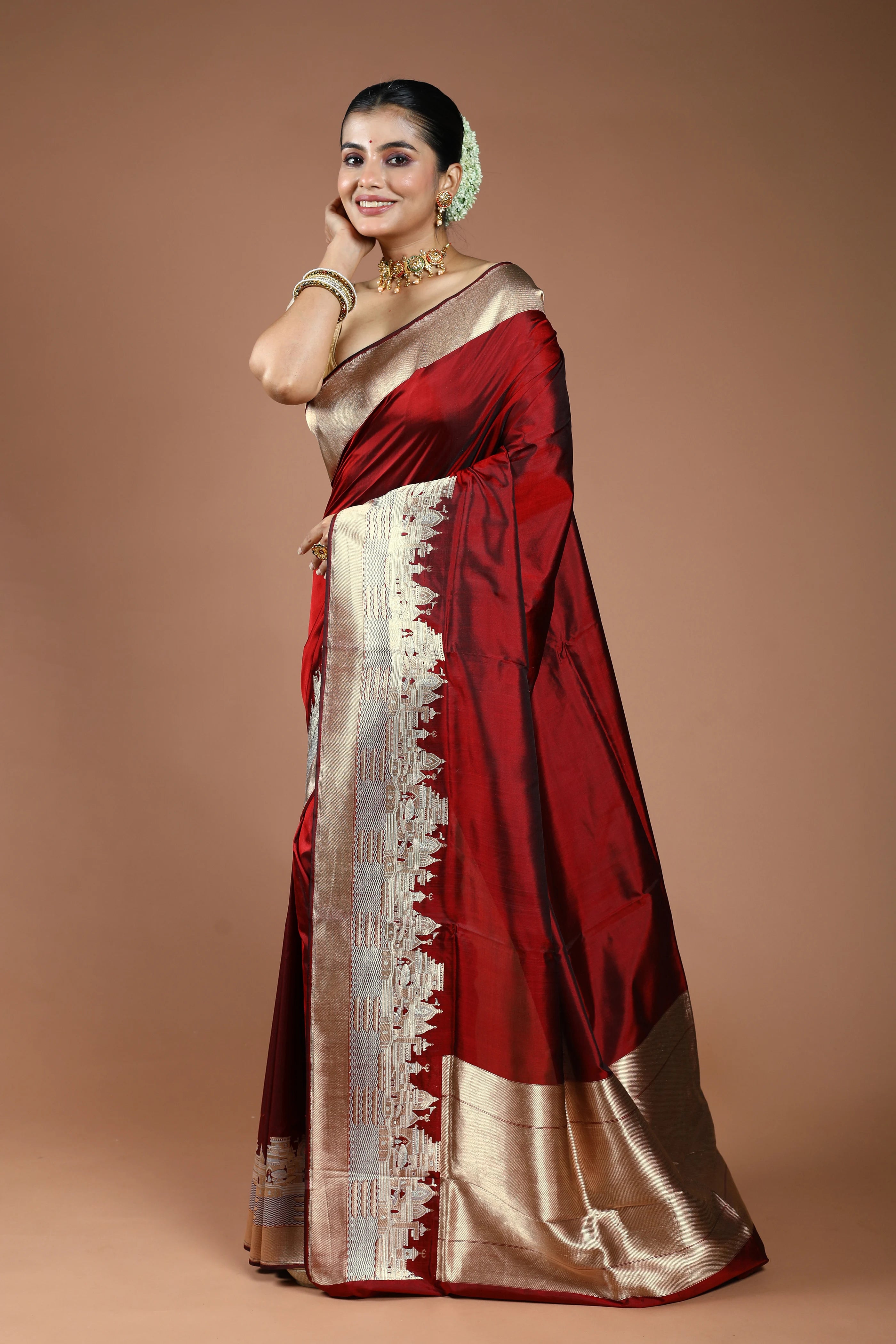 Maroon Pure Ghat Katan Silk Saree With Blouse Piece