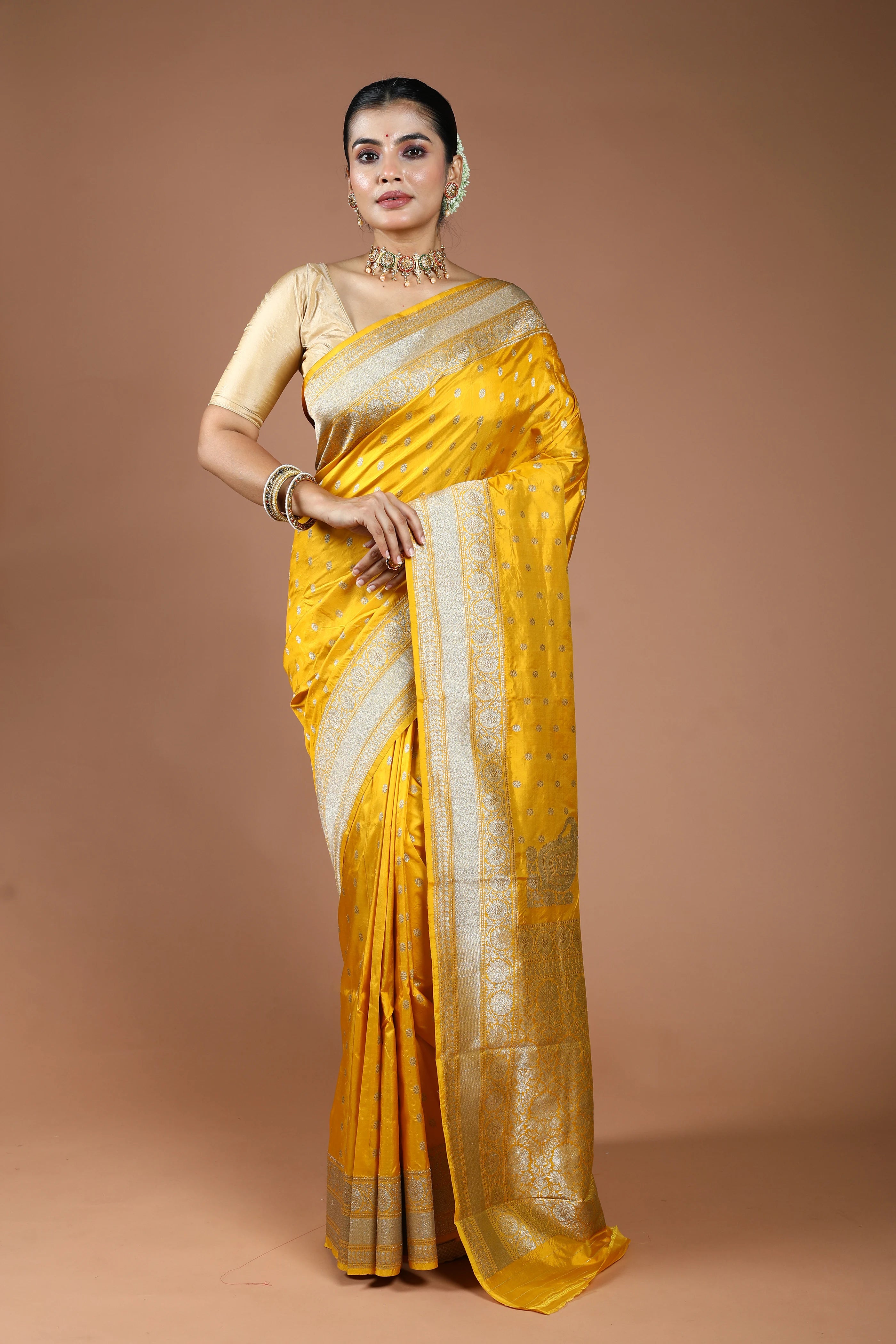 Golden Yellow Pure Katan Silk Saree With Blouse Piece