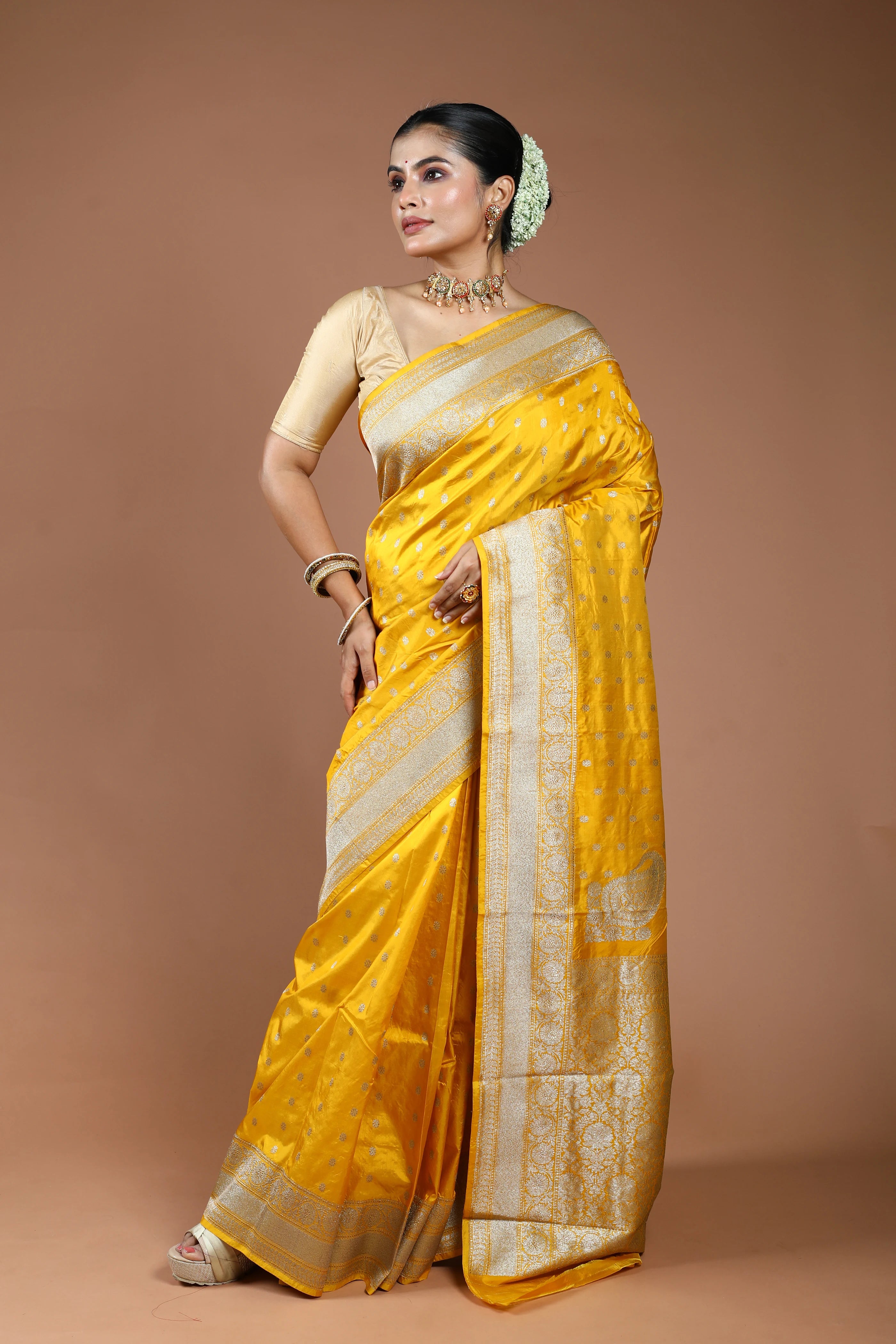 Golden Yellow Pure Katan Silk Saree With Blouse Piece
