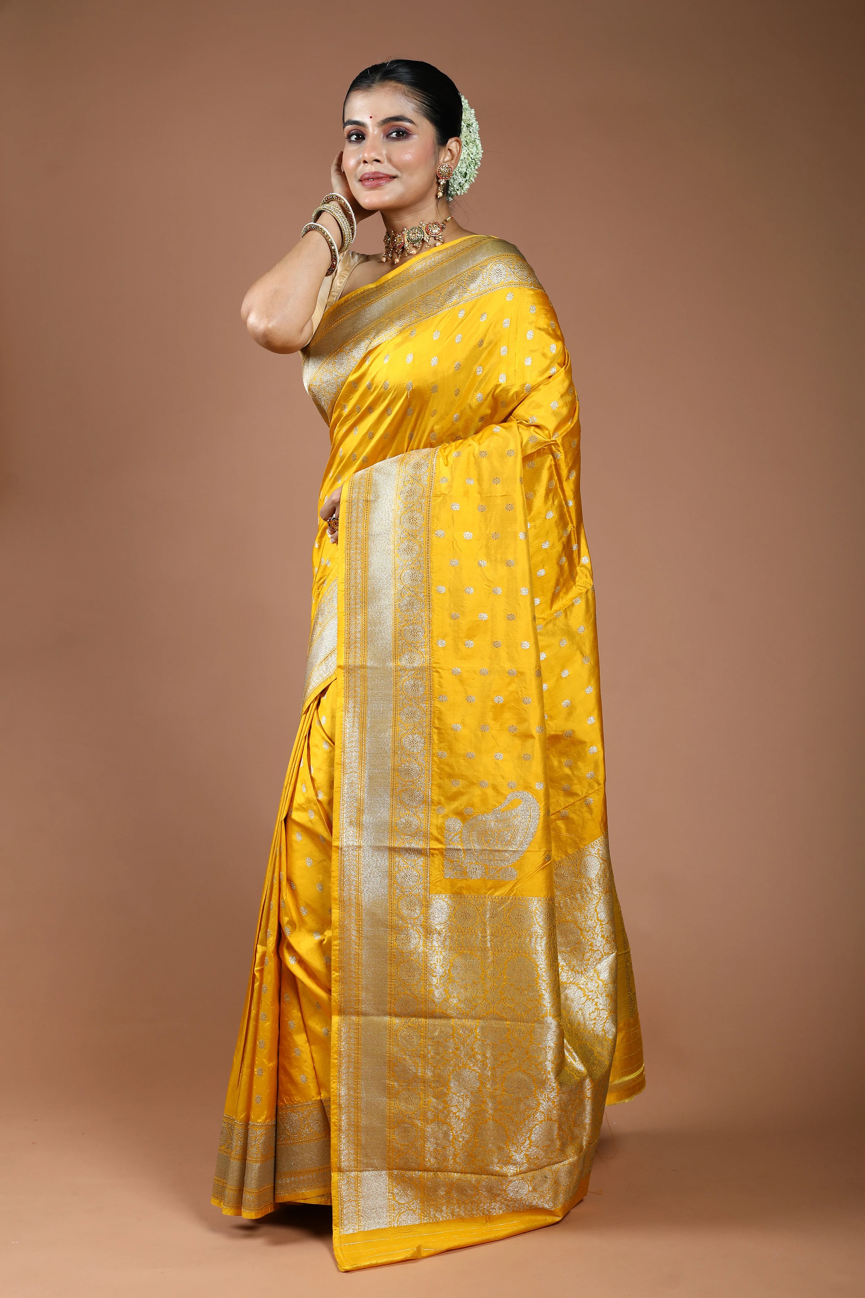 Golden Yellow Pure Katan Silk Saree With Blouse Piece