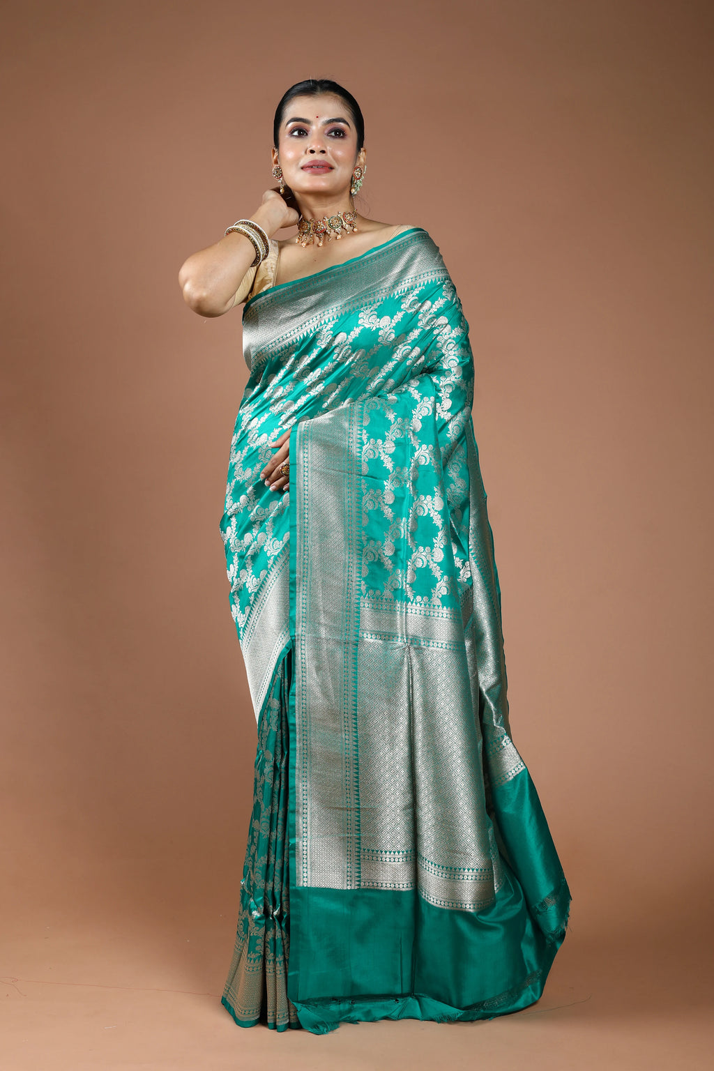 Teal Green Jaal Katan Silk Saree With Blouse Piece