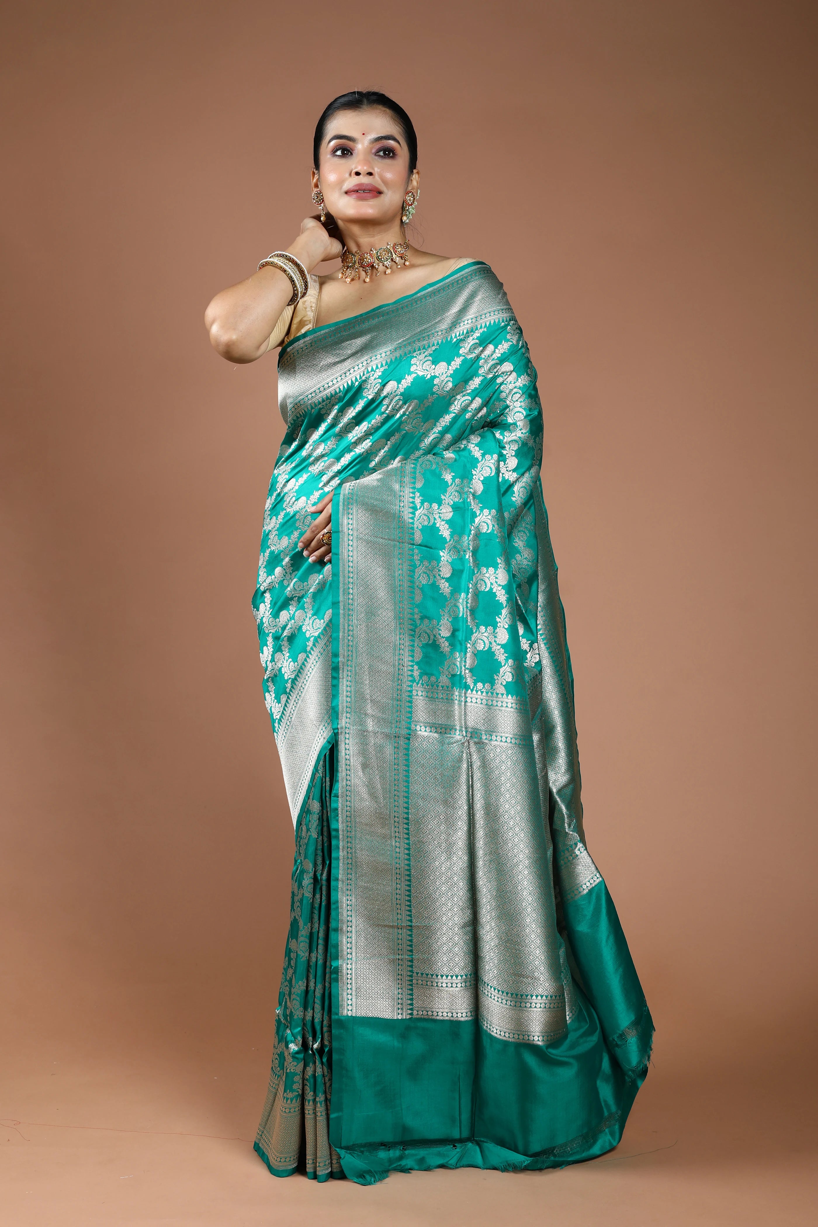 Teal Green Jaal Katan Silk Saree With Blouse Piece
