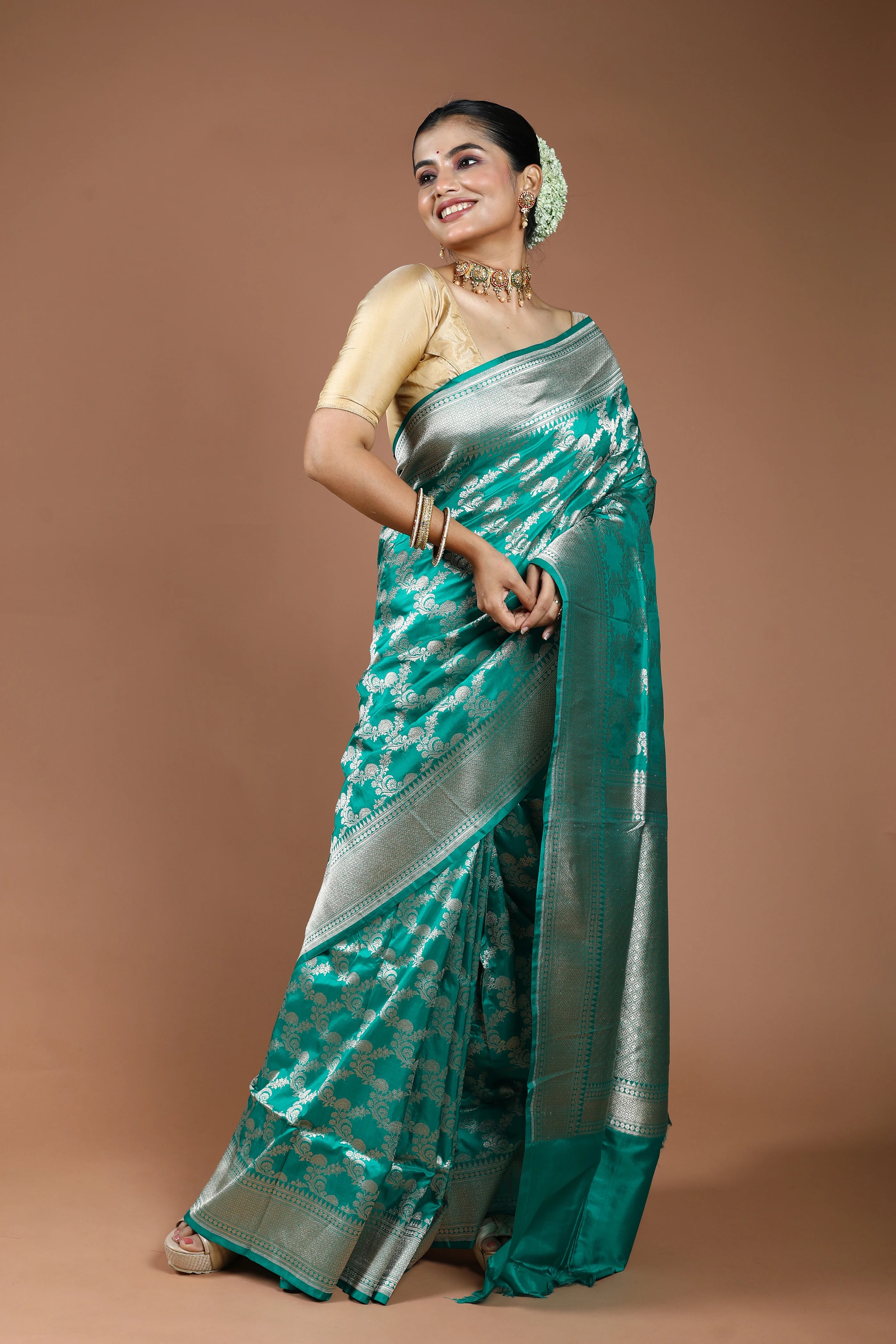 Teal Green Jaal Katan Silk Saree With Blouse Piece