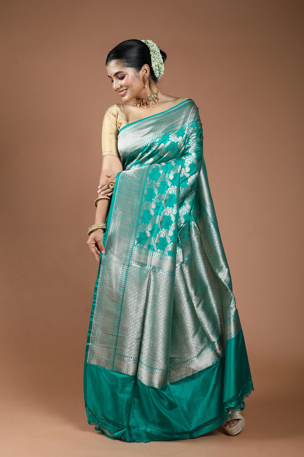 Teal Green Jaal Katan Silk Saree With Blouse Piece