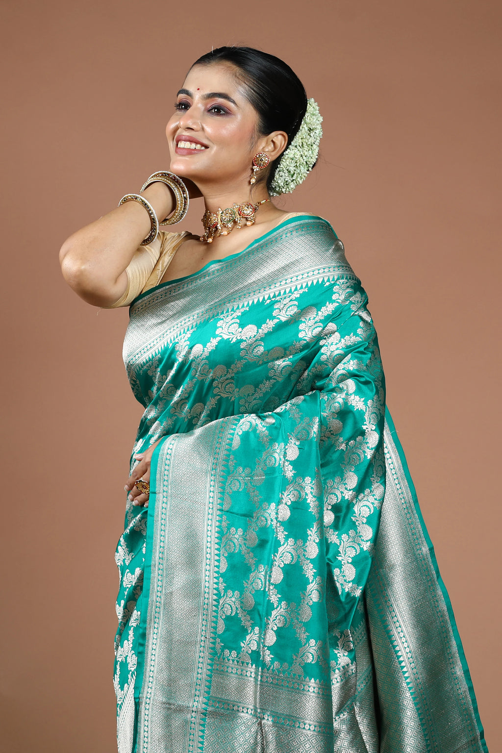 Teal Green Jaal Katan Silk Saree With Blouse Piece