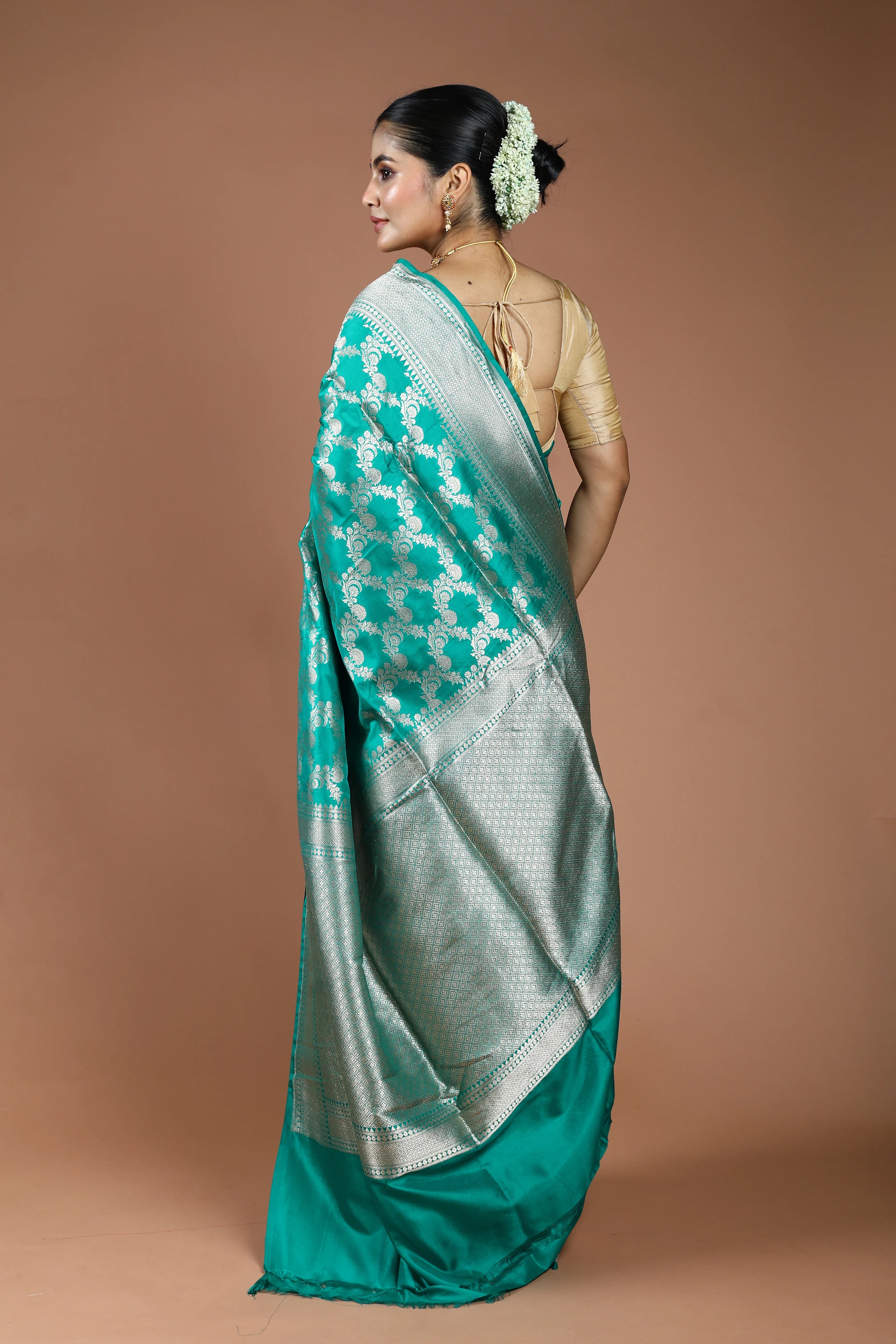Teal Green Jaal Katan Silk Saree With Blouse Piece