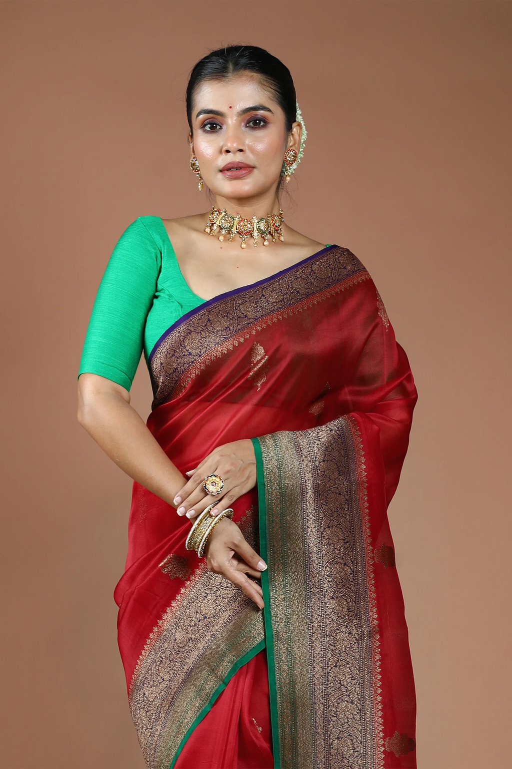 Red Pure Kora Banarasi Saree With Blouse Piece