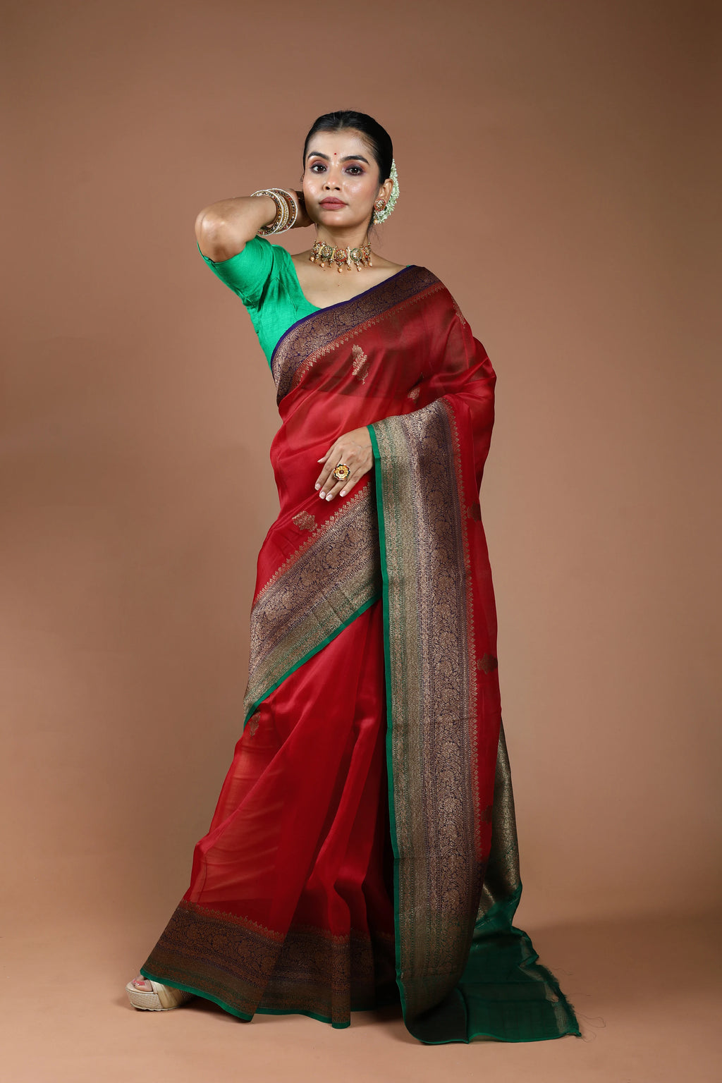 Red Pure Kora Banarasi Saree With Blouse Piece
