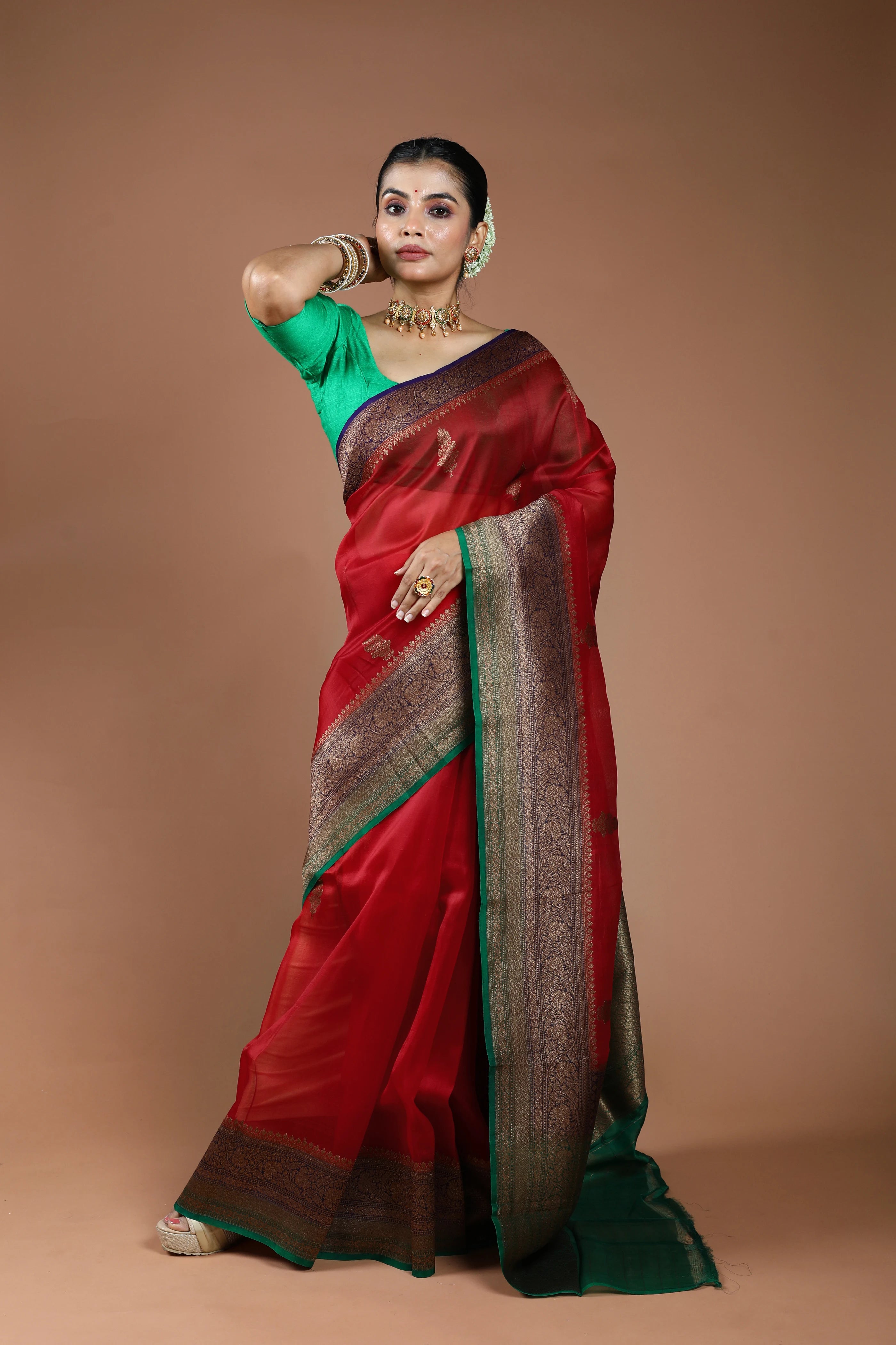 Red Pure Kora Banarasi Saree With Blouse Piece