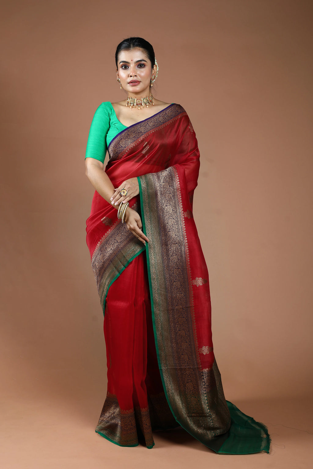 Red Pure Kora Banarasi Saree With Blouse Piece