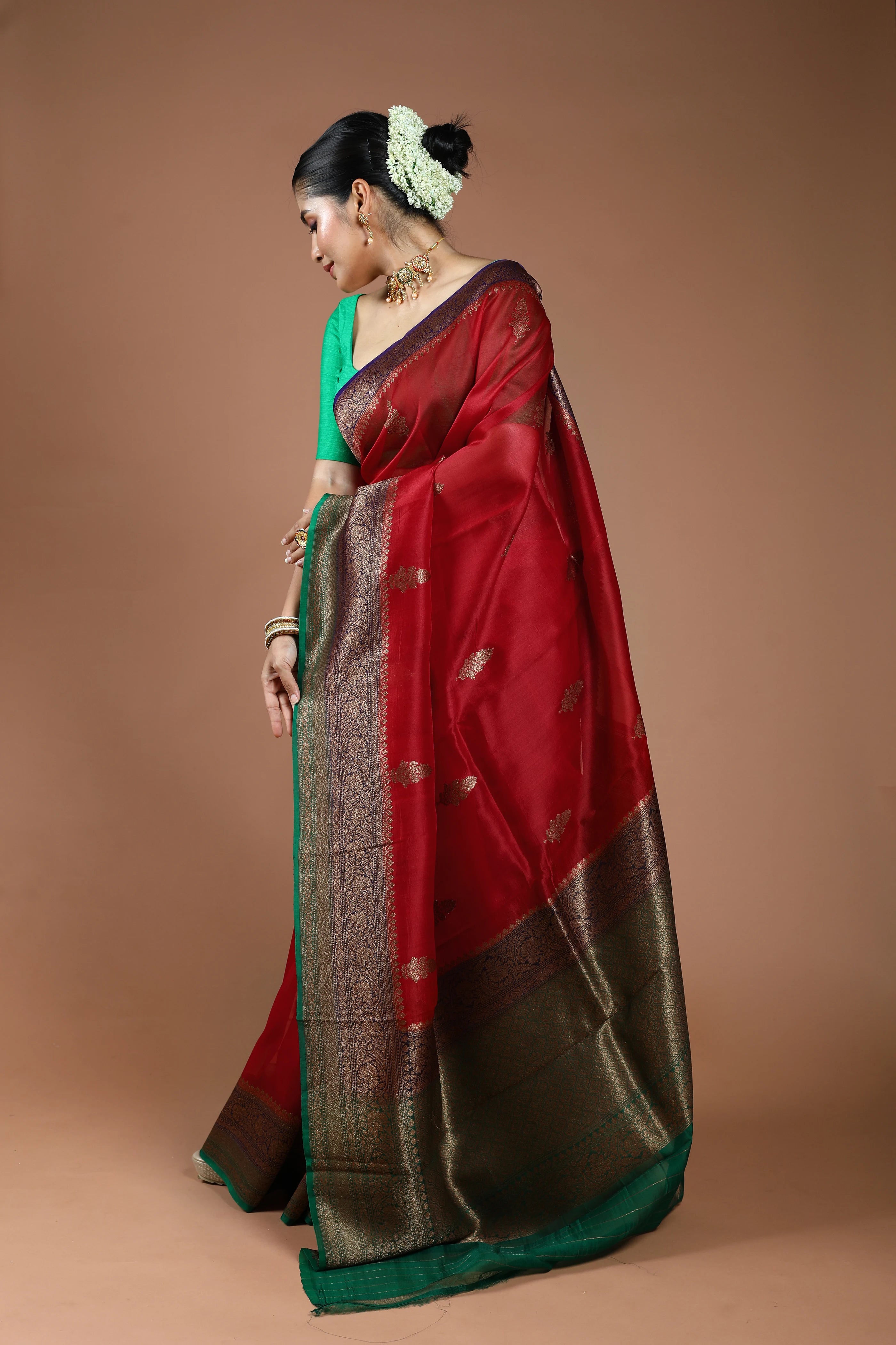 Red Pure Kora Banarasi Saree With Blouse Piece