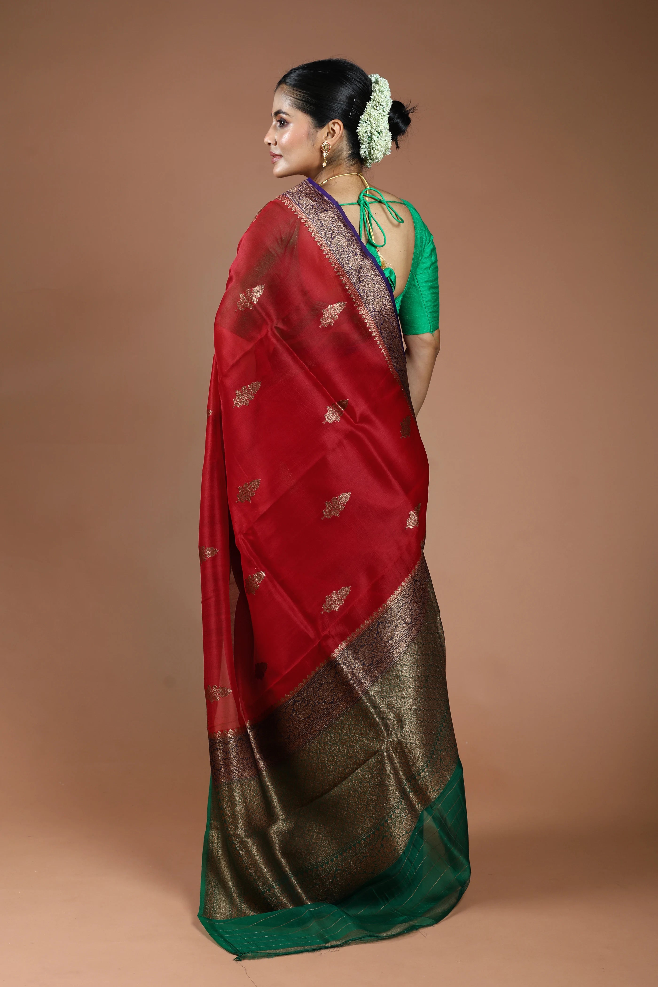Red Pure Kora Banarasi Saree With Blouse Piece