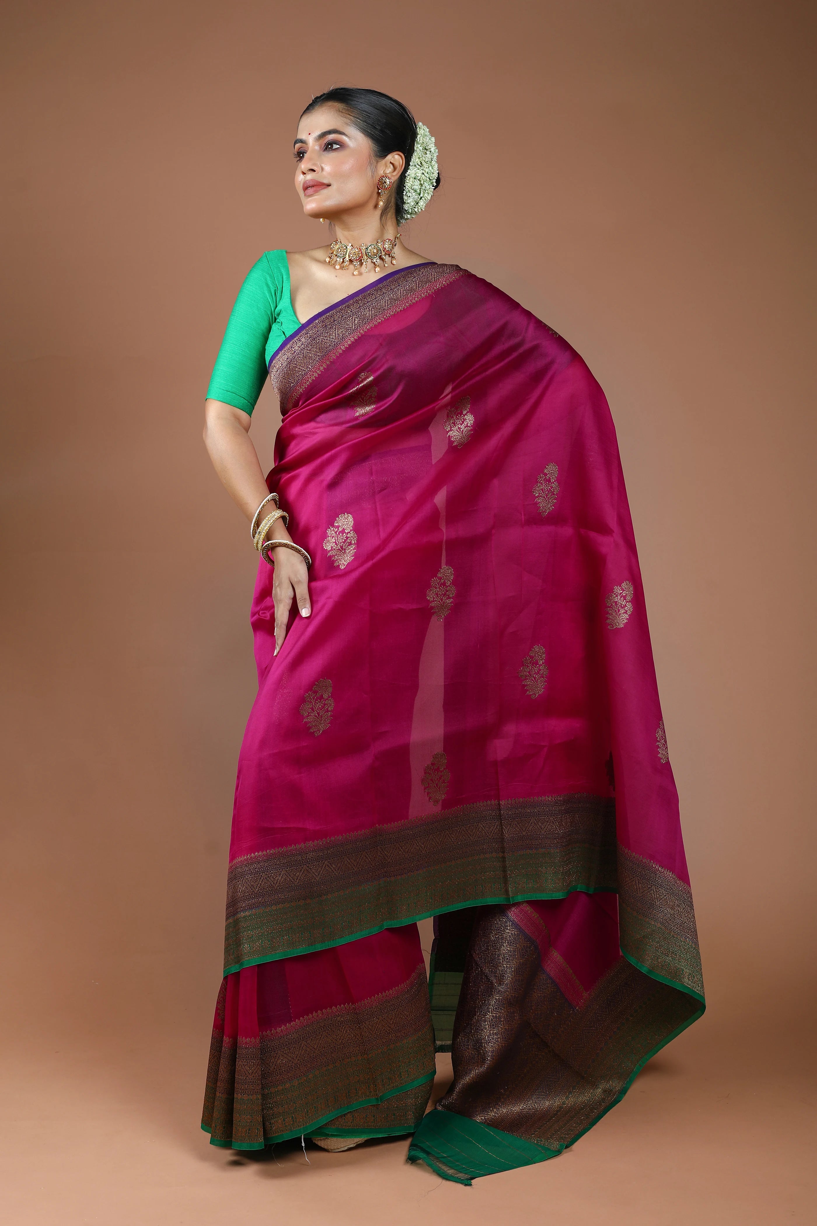 Magenda Pure Kora Banarasi Saree With Blouse Piece