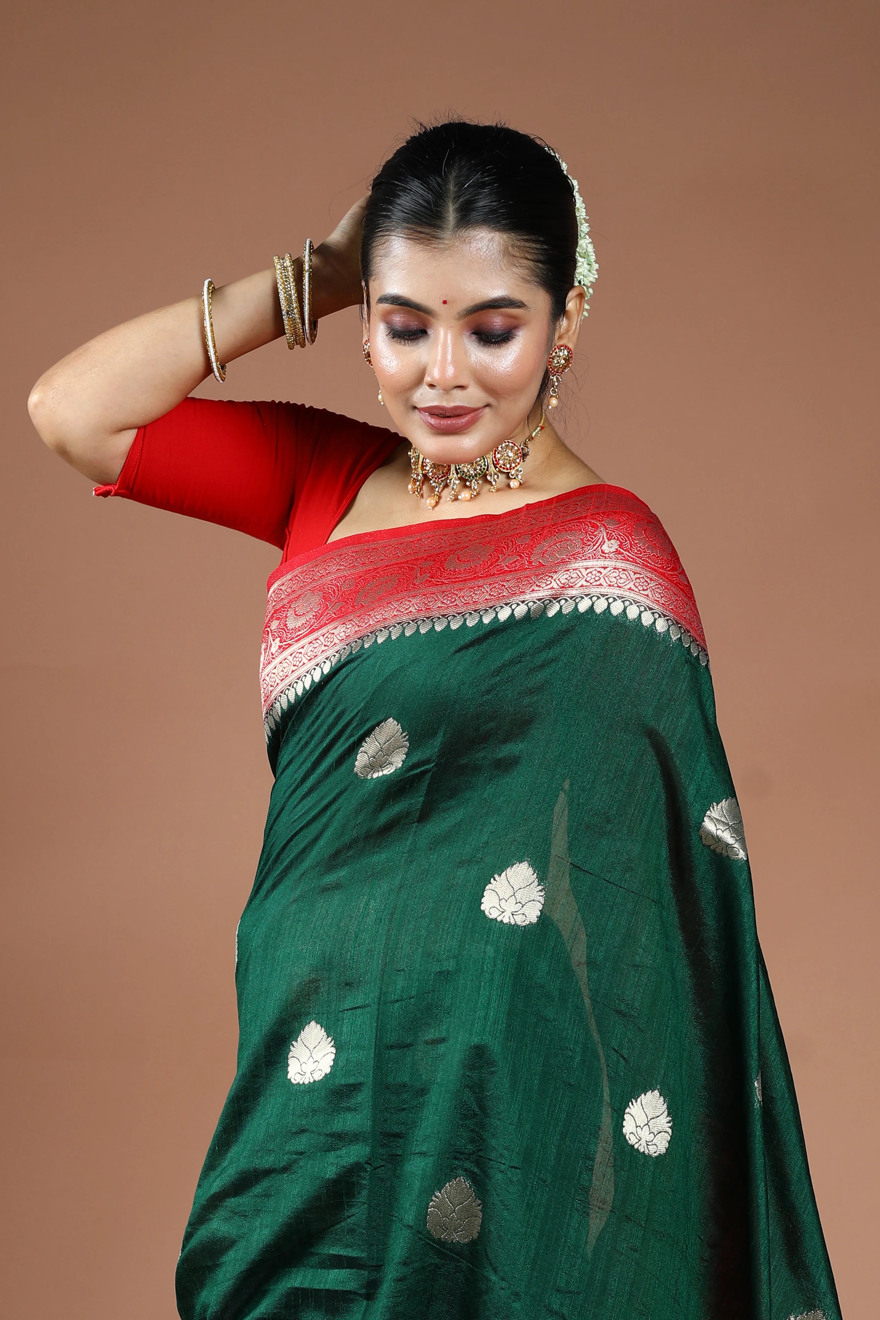 Bottle Green Semi Linen Banarasi Saree With Blouse Piece