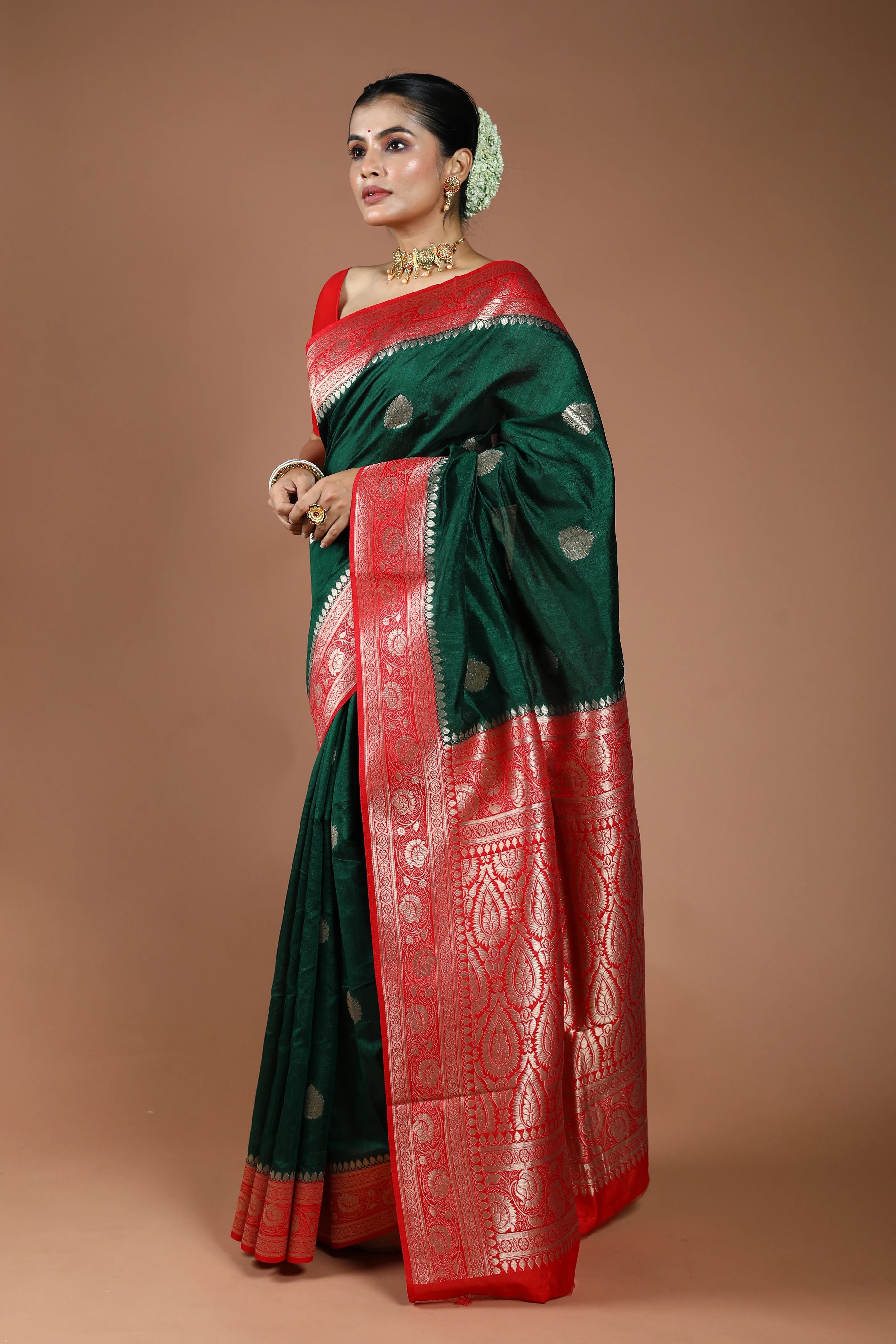 Bottle Green Semi Linen Banarasi Saree With Blouse Piece