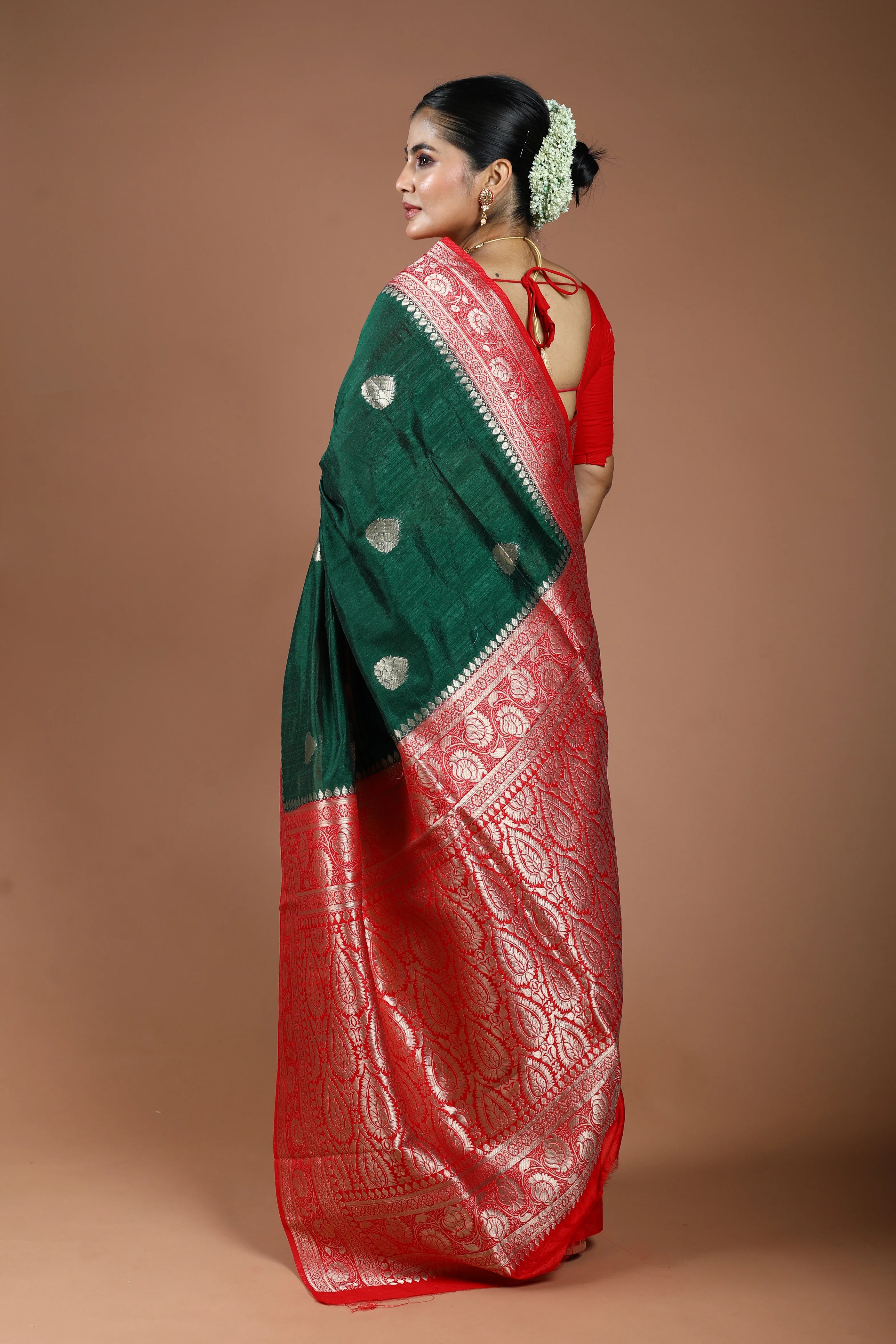 Bottle Green Semi Linen Banarasi Saree With Blouse Piece