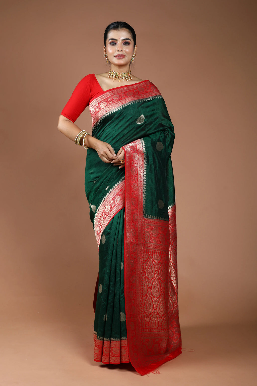 Bottle Green Semi Linen Banarasi Saree With Blouse Piece