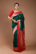 Bottle Green Semi Linen Banarasi Saree With Blouse Piece