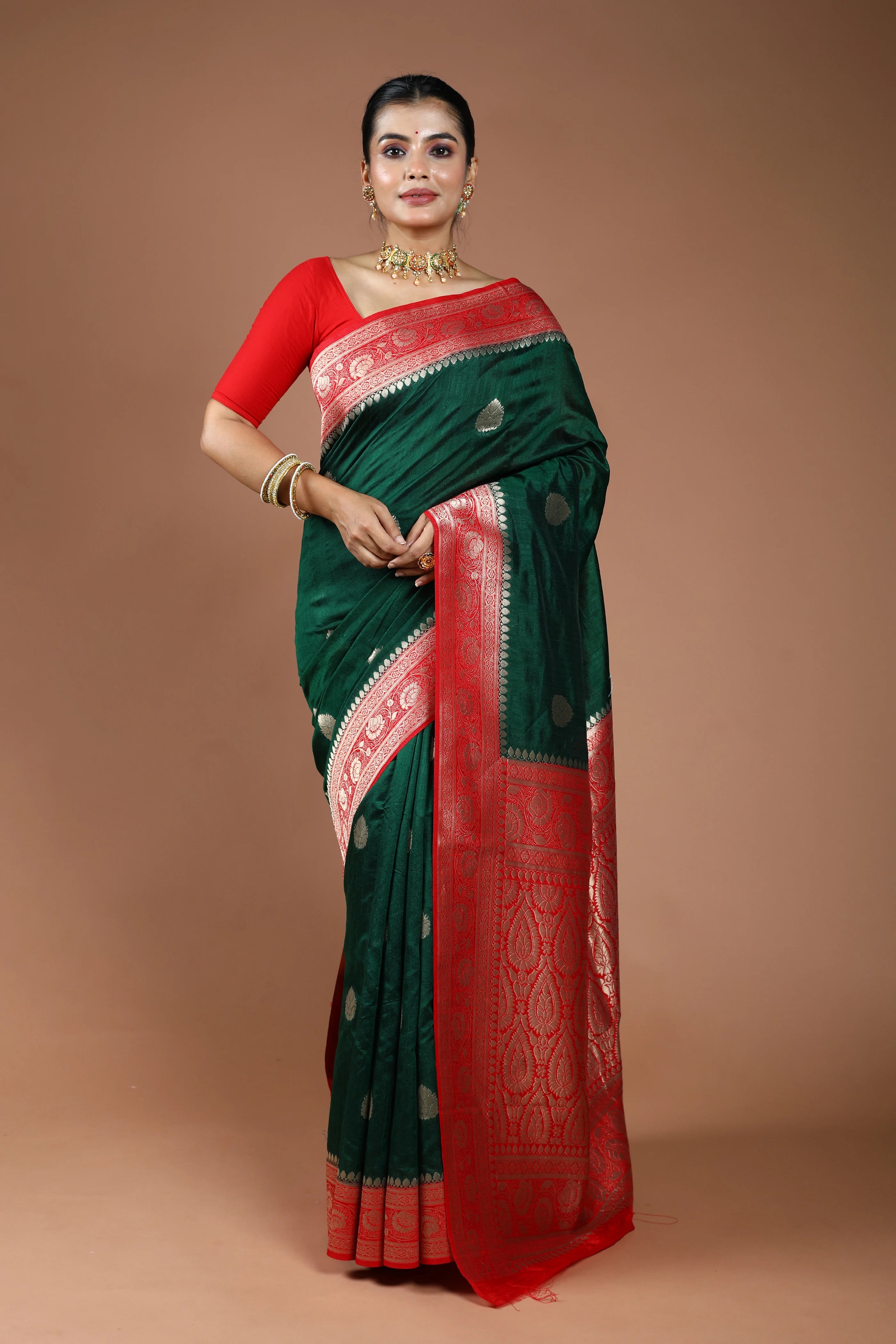 Bottle Green Semi Linen Banarasi Saree With Blouse Piece