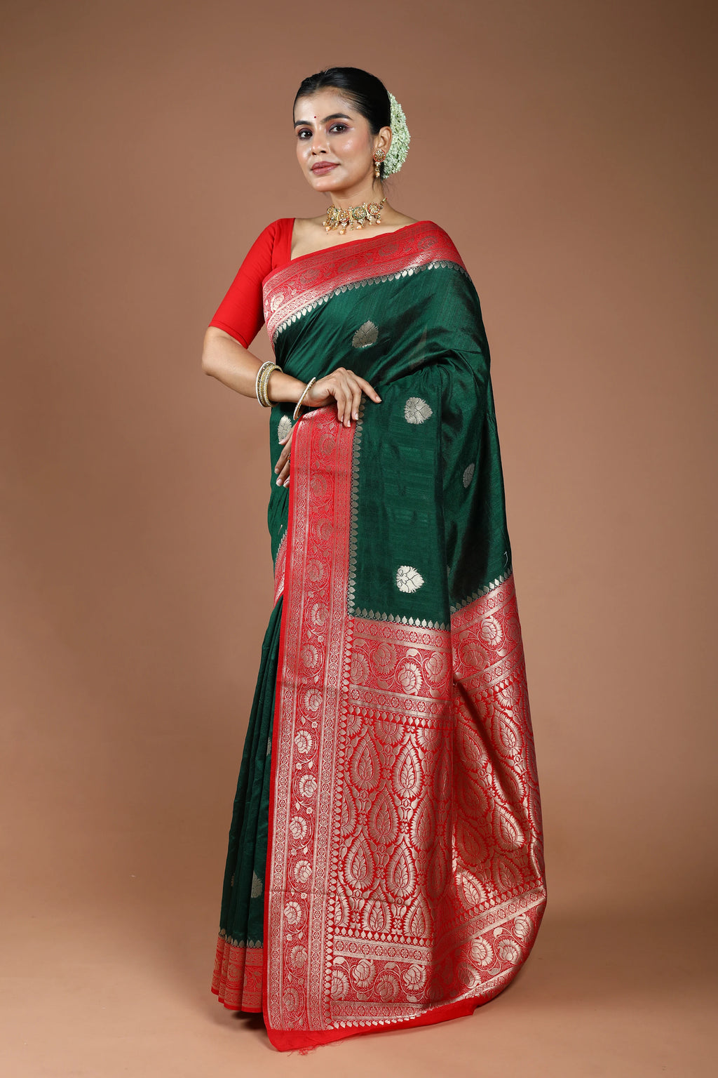 Bottle Green Semi Linen Banarasi Saree With Blouse Piece