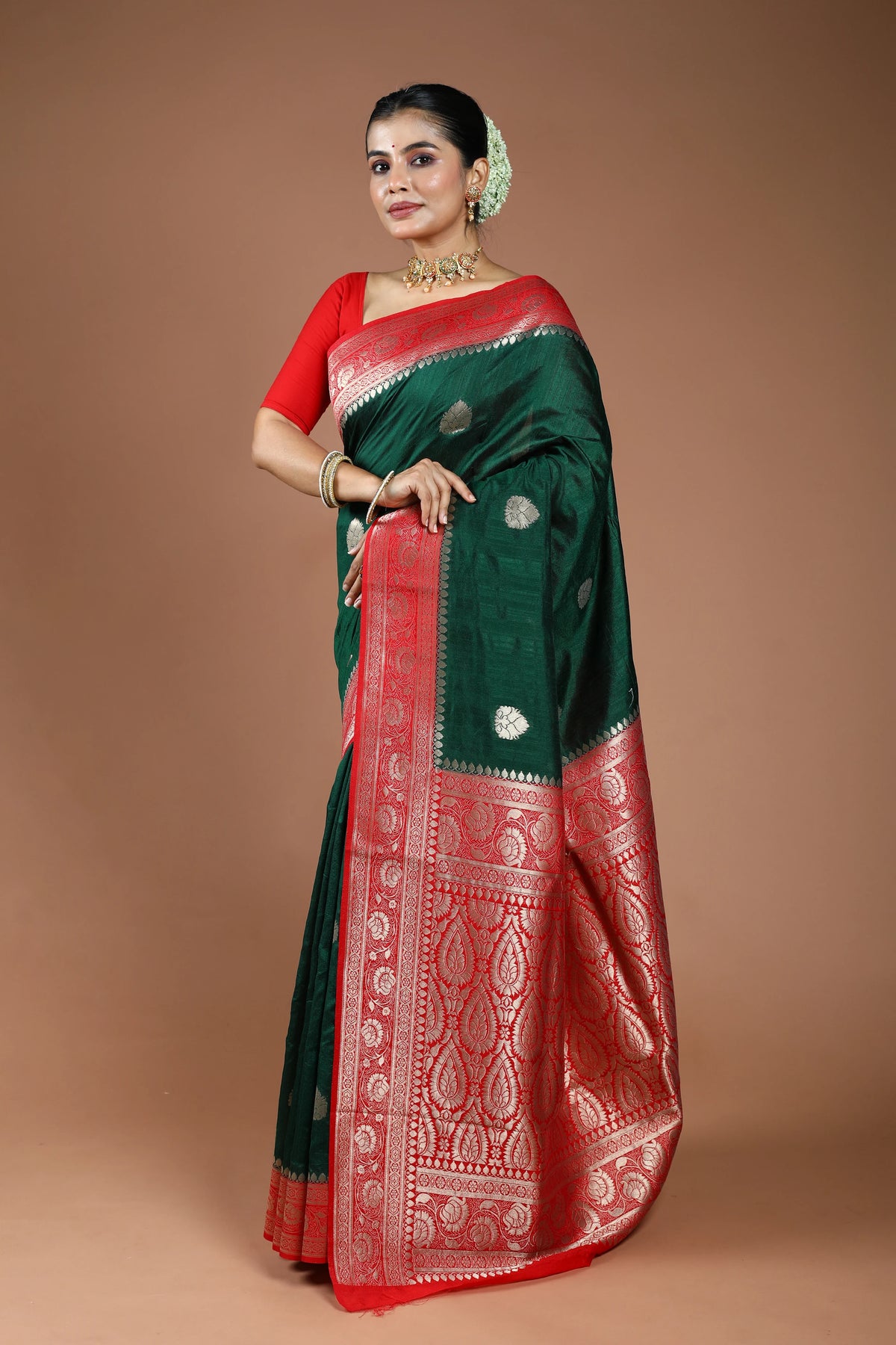 Bottle Green Semi Linen Banarasi Saree With Blouse Piece