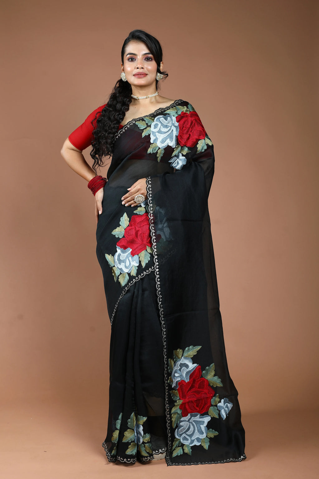 Black Organza Embroidery Saree With Blouse Piece