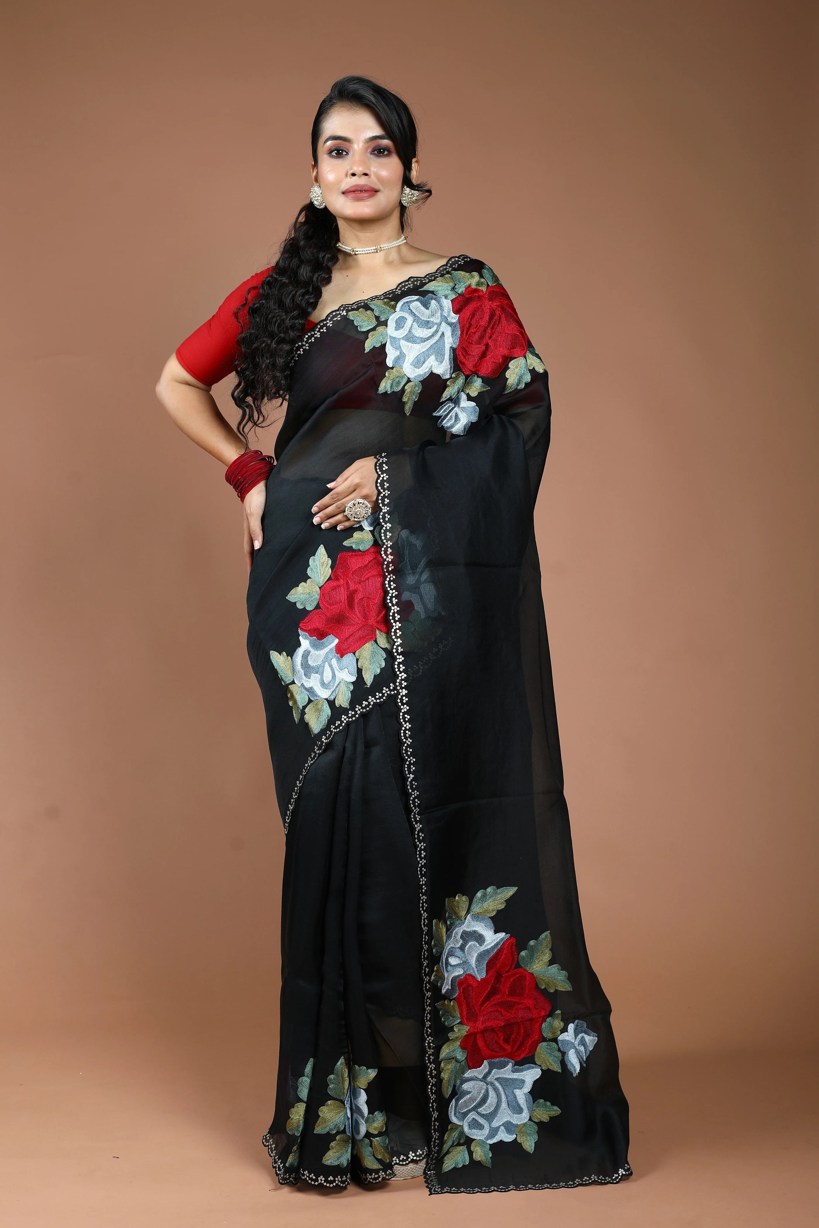 Black Organza Embroidery Saree With Blouse Piece