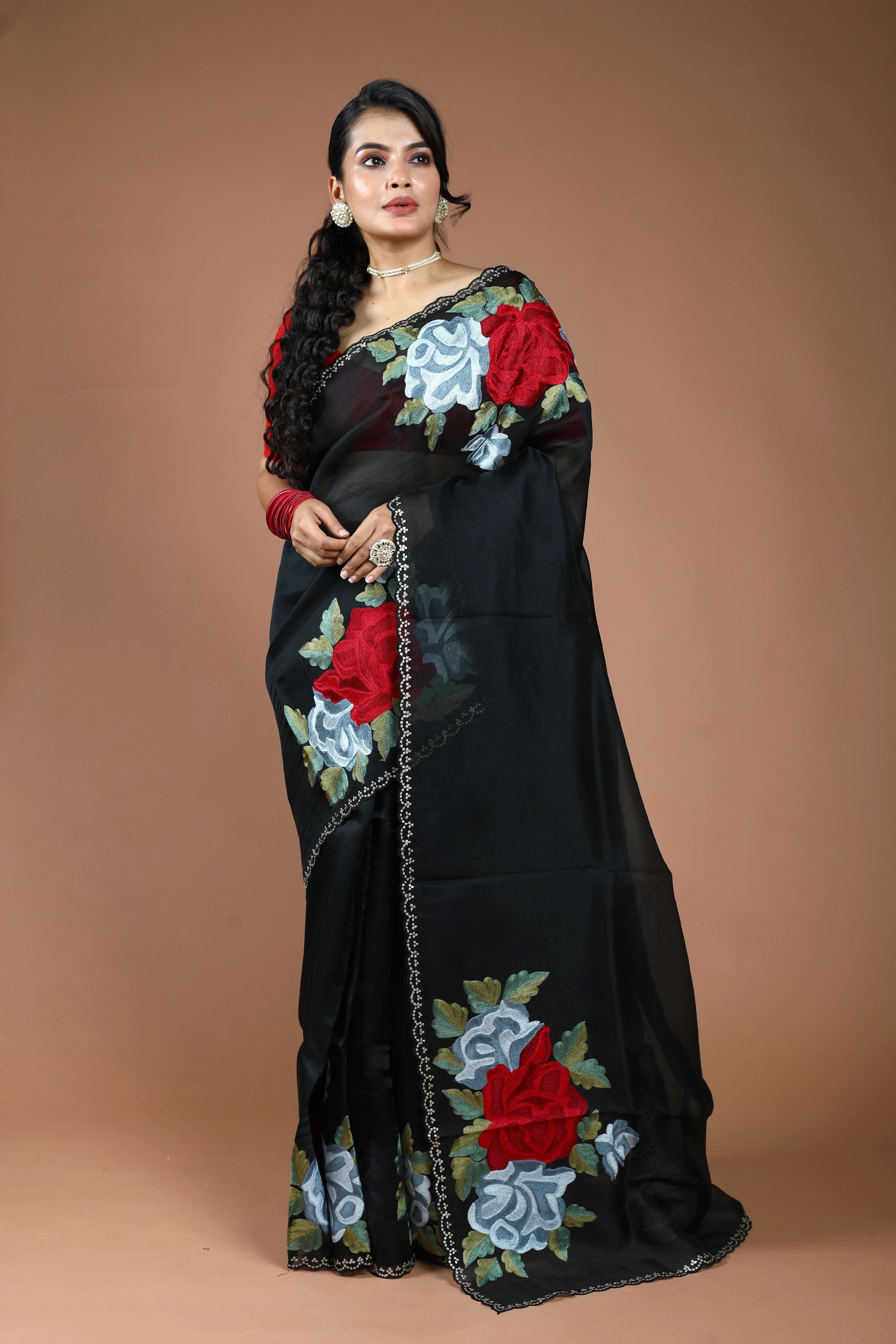 Black Organza Embroidery Saree With Blouse Piece