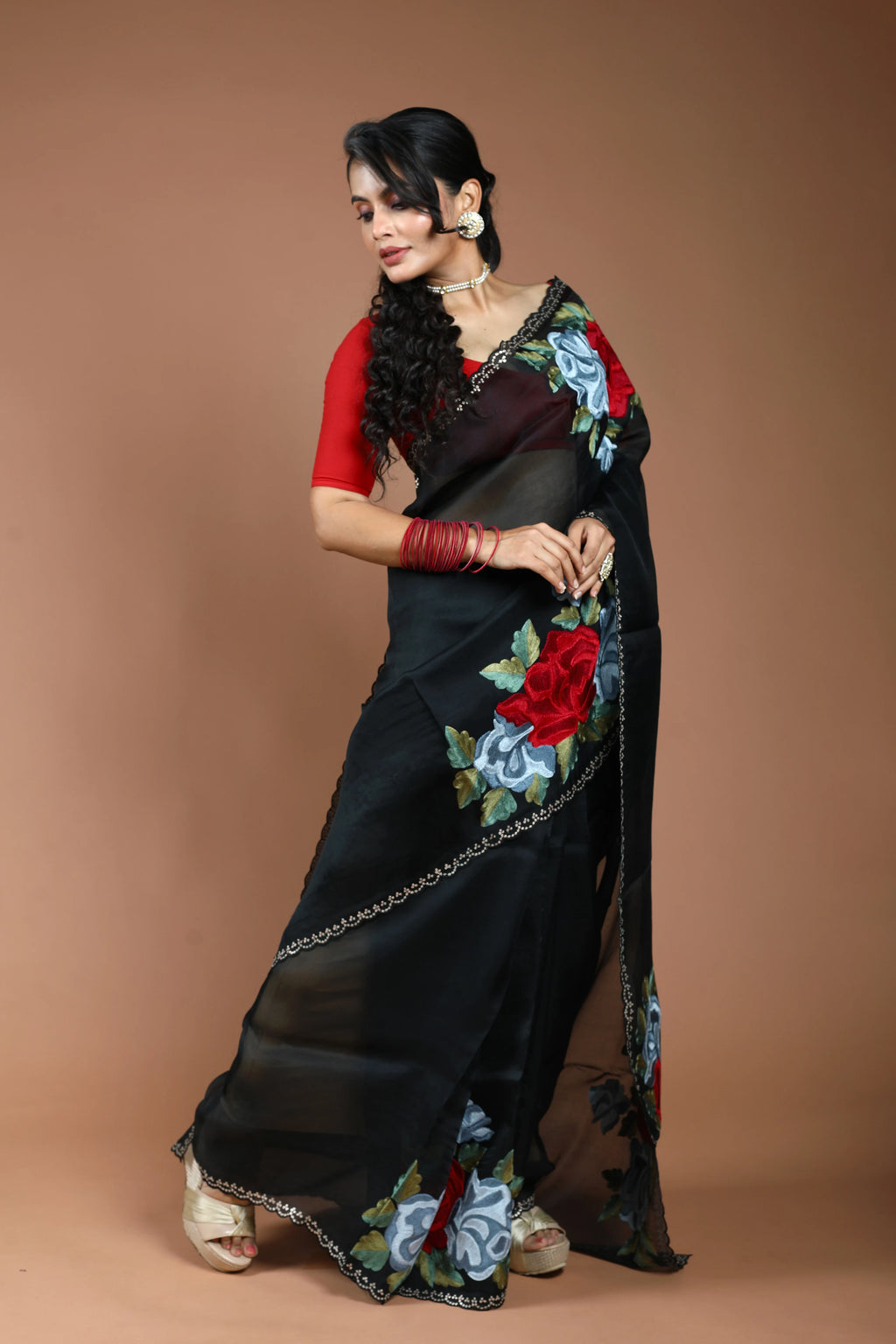 Black Organza Embroidery Saree With Blouse Piece