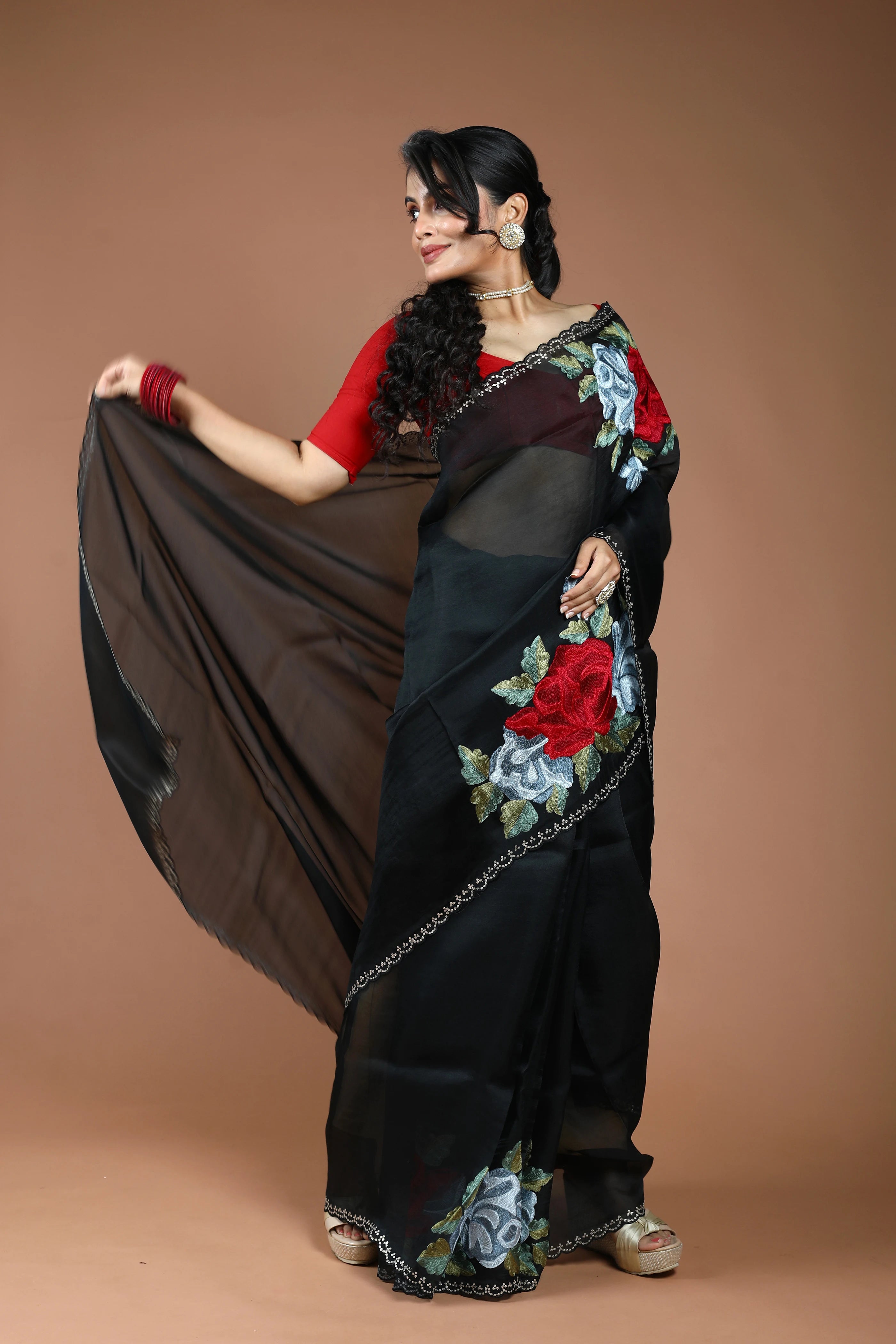 Black Organza Embroidery Saree With Blouse Piece