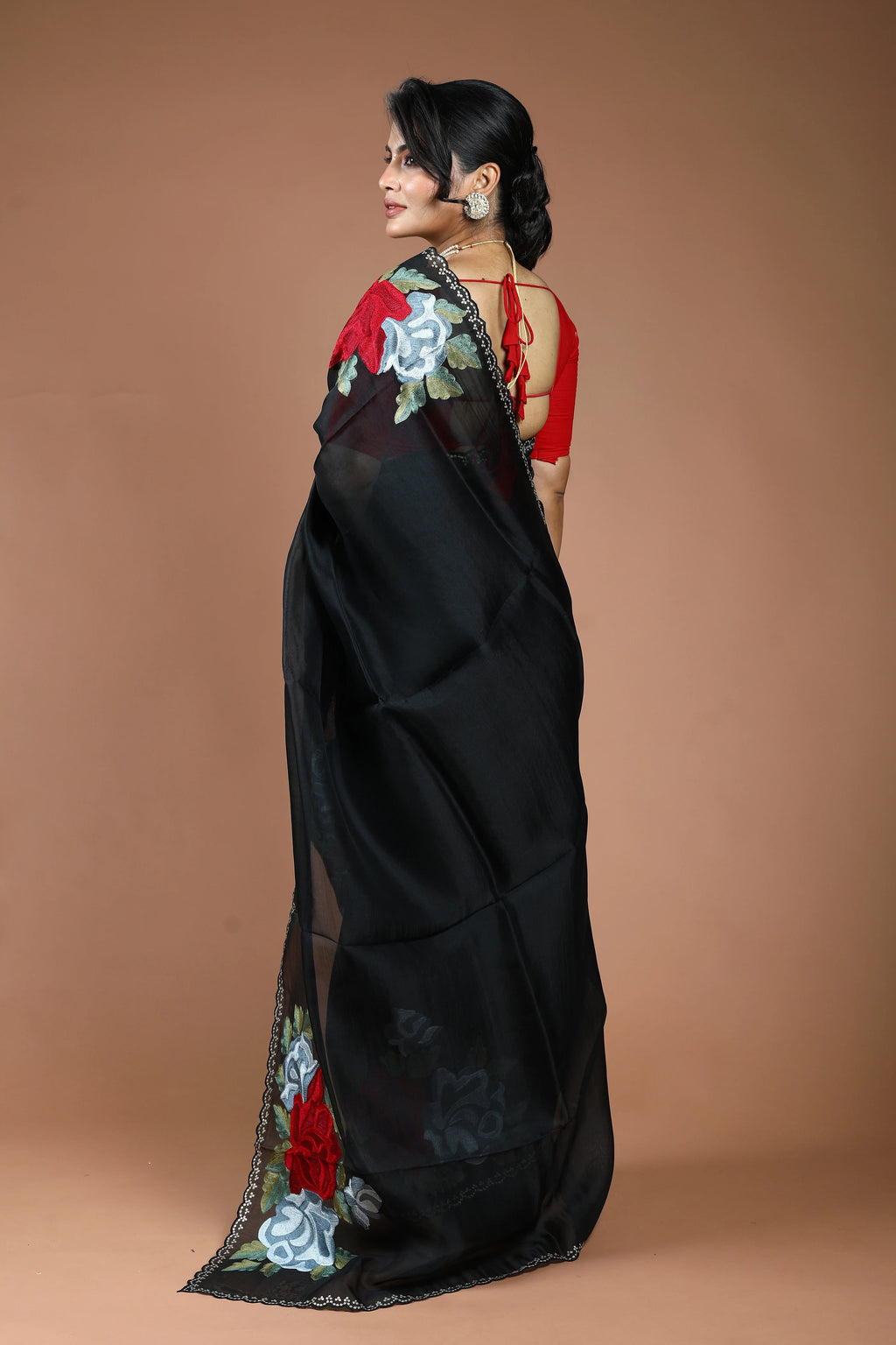 Black Organza Embroidery Saree With Blouse Piece