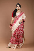 Red & Off White Pure Tussar Block Print Saree With Blouse Piece