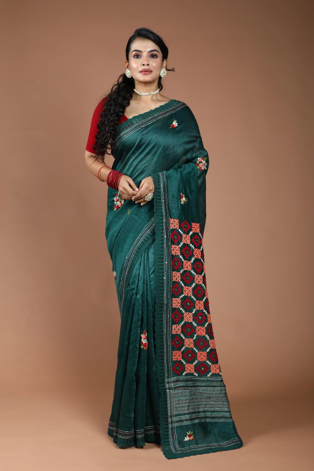 Forest Green Silk Linen Hand Gujarati Saree With Blouse Piece