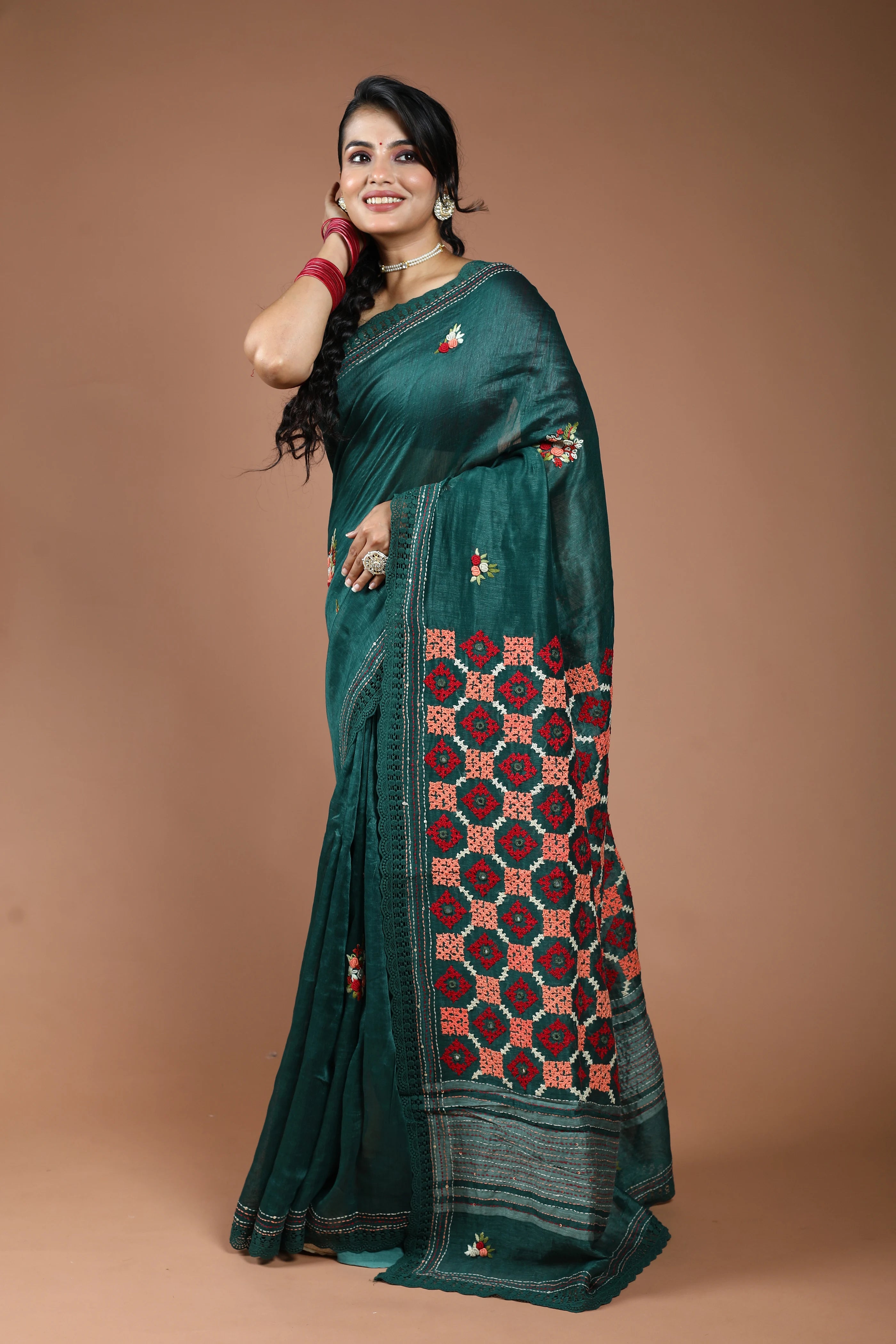 Forest Green Silk Linen Hand Gujarati Saree With Blouse Piece