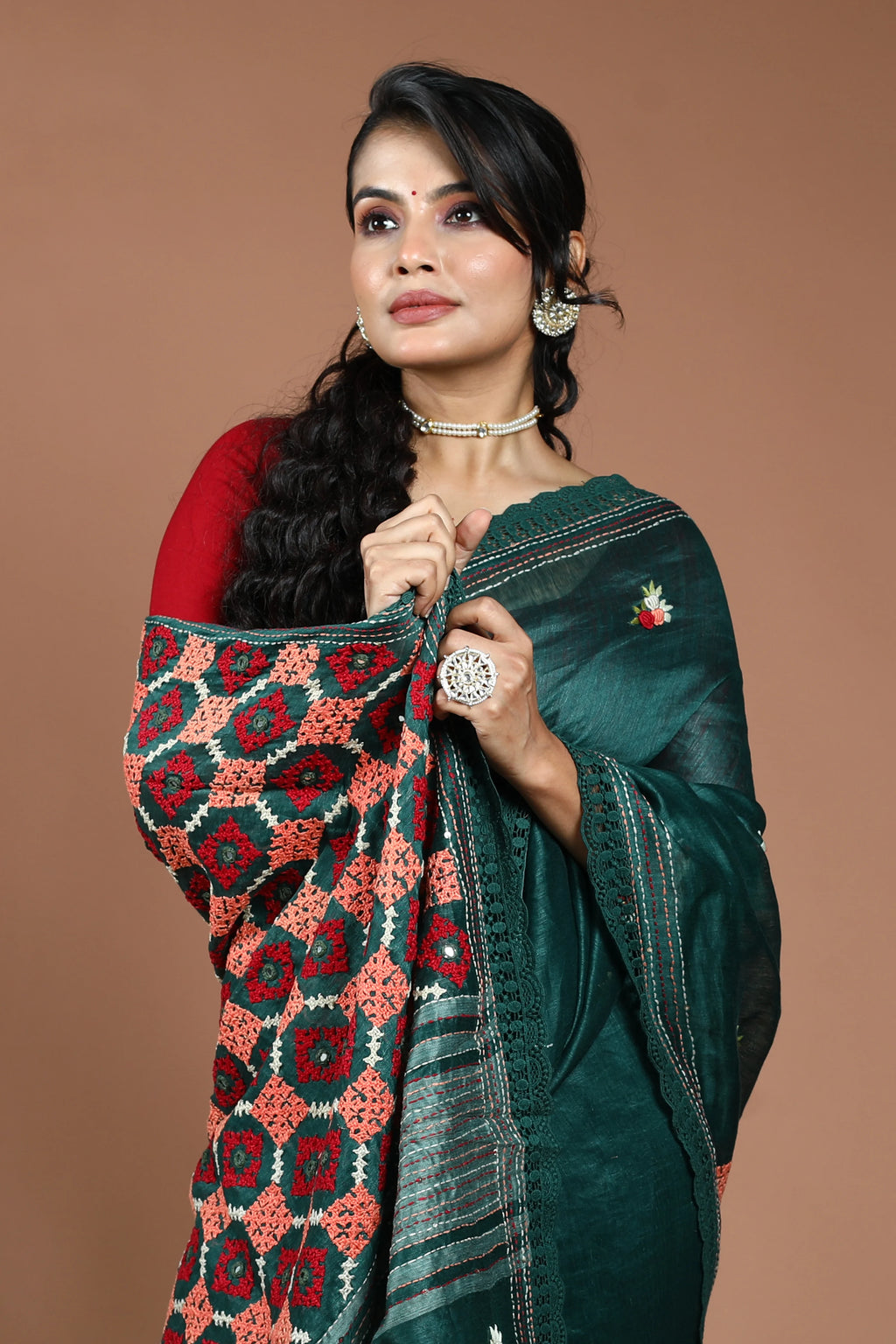 Forest Green Silk Linen Hand Gujarati Saree With Blouse Piece