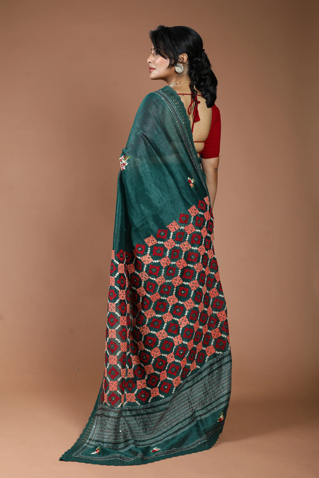 Forest Green Silk Linen Hand Gujarati Saree With Blouse Piece
