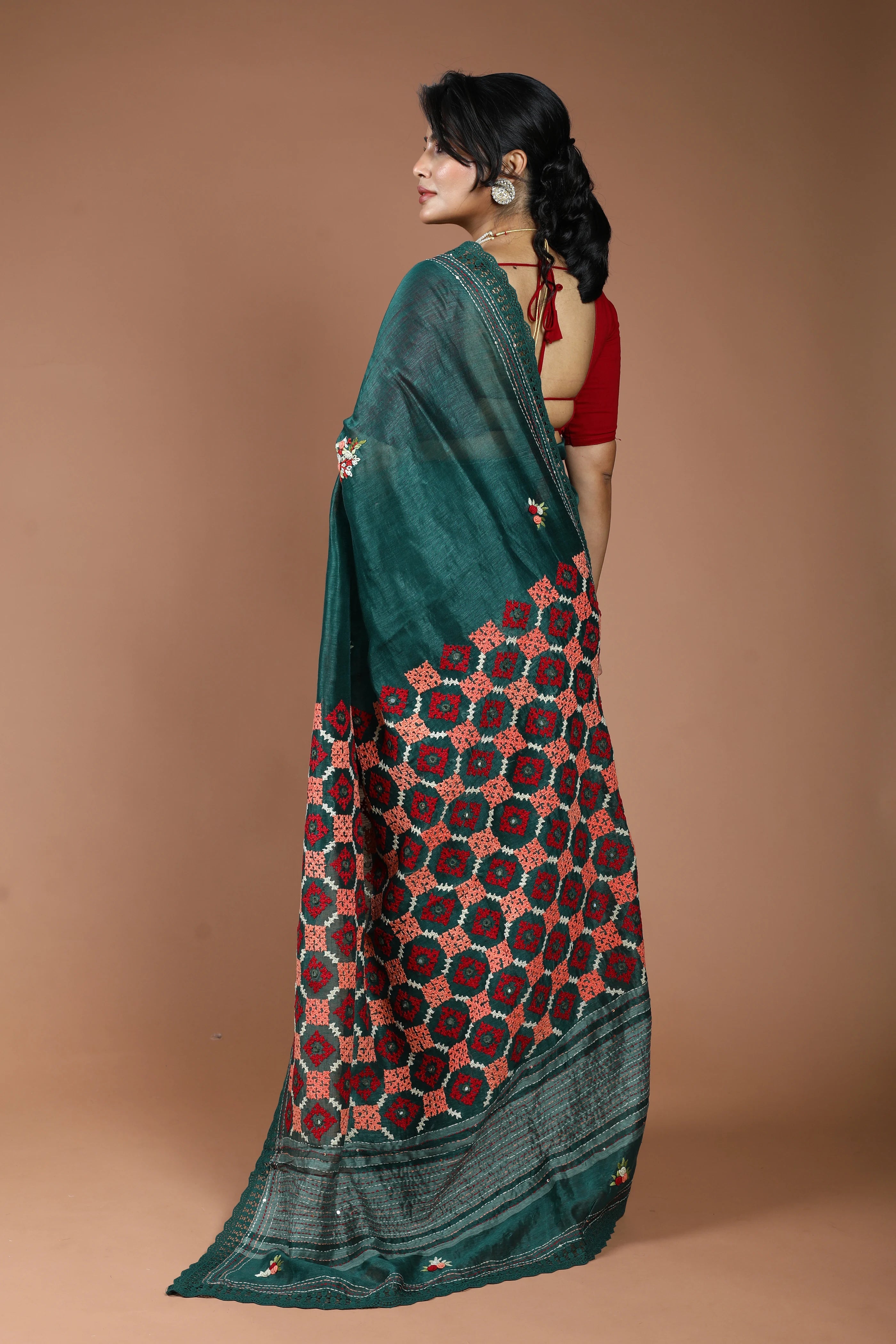 Forest Green Silk Linen Hand Gujarati Saree With Blouse Piece
