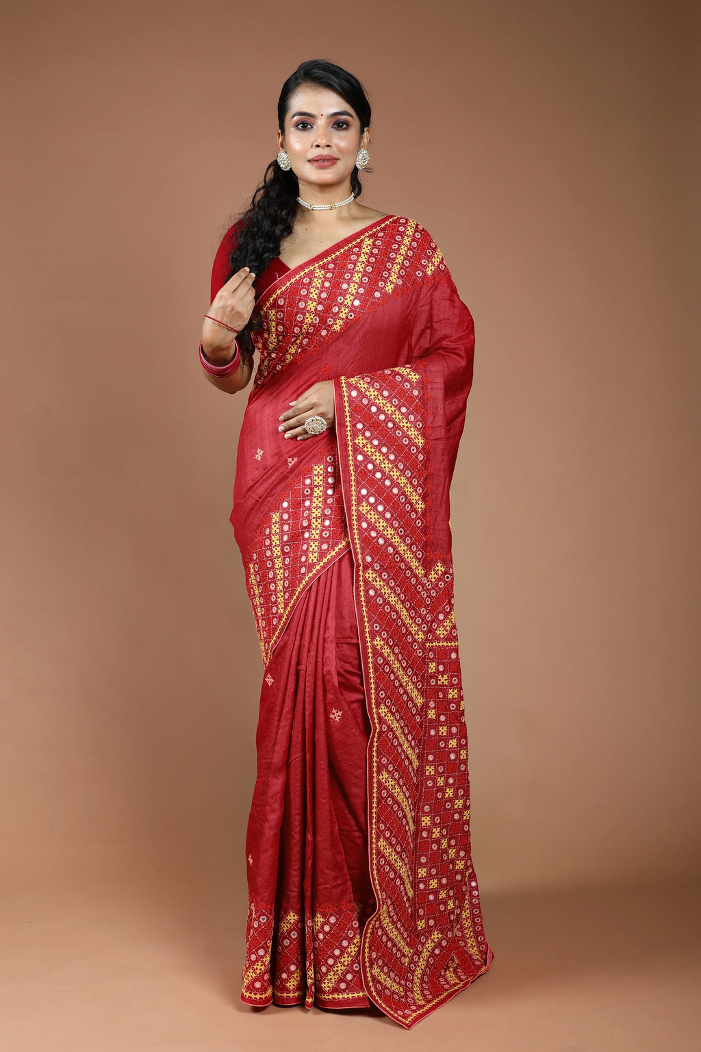 Red Tussar Hand Gujarati Saree With Blouse Piece